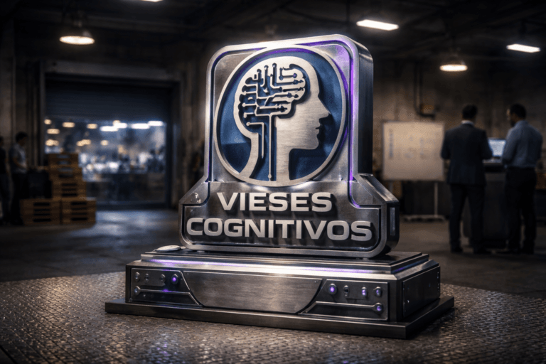 A photorealistic medium-wide cinematic shot, camera positioned approximately 1–2 meters from the subject, capturing a freestanding, physical 3D isometric logo sculpture of the Vieses Cognitivos brand — a polished brushed-steel frame with matte-enamel inlays and embossed emblem mounted on a low industrial pedestal, sized and detailed to be legible at 1–2 meters (logo rendered as a realistic enamel/metal emblem integrated into the sculpture, not floating text), with subtle circuit-like insets and tactile knobs that visually reference a decision-quality dashboard. The object integrates subtle electric-purple accents (#7B63FF) as thin backlit inlays and tiny LED indicators to suggest intelligence/activity without overpowering realism. Set in a repurposed industrial loading dock (doca de carregamento) with diamond-checker plate metal flooring, low ceiling, a half-open roller door with distant city glow, stacked pallets and a mobile whiteboard in the mid-background — an optimized Tech‑Noir real-world environment. Natural human presence: two to three diverse professionals in business-casual attire at the periphery, candid postures and neutral expressions, consulting a laptop and notes so people remain secondary to the main object. Lighting: low-key and practical — overhead industrial pendant lamps, a laptop screen and LED strip providing fill, plus a soft integrated white spotlight from above/side gently revealing form, texture and depth; subtle rim light to separate the sculpture from background. Camera: 35mm cinematic look, medium-wide framing, shallow-to-medium depth of field, natural bokeh on background activity, slight low-angle emphasis on the emblem. Materials and texture: brushed steel, matte enamel, industrial paint scuffs, subtle fingerprints and dust motes in the light beam, soft reflections on metal. Color palette: neutral corporate greys and blacks, warm tungsten practicals, restrained electric purple #7B63FF accents. Level of realism: photorealistic, premium materials, ultra-detailed, 8K. Constraints: no captions, no text overlays beyond the integrated logo emblem, no watermarks, no floating or glowing logos — logo appears only as a realistic physical element on the sculpture.