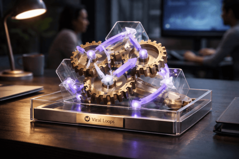 A photorealistic medium-wide cinematic shot, camera positioned approximately 1–2 meters from the subject, capturing a refined real-world hero object — a tangible 3D isometric sculpture that concretely represents "Viral Loops": interlocking machined brass gears meshing with frosted acrylic isometric planes, translucent glass node beads at gear junctions, and compact frosted-acrylic arrows that sit on gear teeth to suggest invitation flow. The sculpture sits inside a clear acrylic desk-organizer tray; the tray edge includes a small matte-brass nameplate with the Viral Loops logo engraved and realistically scaled (logo integrated only on the nameplate). The object is instantly readable at 1–2 meters with crisp gear teeth, visible bevels, and tactile material detail; small, subtle electric-purple accents (#7B63FF) are embedded as thin LED strips along arrow edges and node cores to indicate activity without overpowering realism. Set in a modern tech-corporate desk environment (growth-marketing team workspace) — dark engineered-wood desk, dim adjustable desk lamp to the left, a blurred widescreen monitor in the background showing abstract, non-readable charts and soft graphs (no text), and two diverse professionals in the periphery working candidly with neutral expressions (secondary to the sculpture). Lighting is low-key and practical: warm desk-lamp fill, cool monitor glow, complemented by a soft integrated white spotlight from above at a 30–45° side angle to reveal form, texture and depth; realistic cast shadows and subtle specular highlights on brass and acrylic. Color palette: neutral corporate grays and deep charcoals, warm brass and clear acrylic, restrained electric-purple #7B63FF accents. Visual style: cinematic photographic realism with a subtle Tech-Noir influence, medium-wide framing with a 35mm photographic look, natural shallow-to-medium depth of field (sculpture sharply in focus, background softly blurred), filmic bokeh, ultra-detailed surface textures (micro-scratches, dust in crevices, accurate caustics through acrylic). Camera/render specs: photorealistic, ultra-detailed, 8K, realistic reflections and refractions, soft controlled lens characteristics. Constraints: no captions, no text overlays, no watermarks; logo only on the brass nameplate, proportionate and non-dominant.