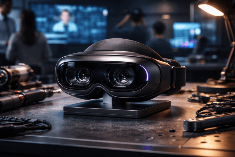 A photorealistic medium-wide cinematic shot, camera positioned approximately 1–2 meters from the subject, capturing a high-end standalone virtual reality headset with integrated eye-tracking hardware (visible inward-facing cameras and IR sensors) resting on a small precision display stand at the center of a robotics assembly table, clearly readable within a realistic environment. The headset is physically plausible and instantly recognizable—matte black and graphite housing, soft foam facial interface, subtle brushed-aluminum trim, and exposed eye-tracking modules—integrating subtle electric-purple accents (#7B63FF) to indicate active intelligence (thin LED ring around the eye-tracking module and faint status glow) without overpowering realism. Set in a corporate robotics training workstation inside a production-simulated lab: a sturdy metal assembly table strewn with tools (torque drivers, calibrated wrenches, cable harnesses, small robot-arm base), nearby monitors showing abstract real-time metrics and an instructor video feed (no legible text), and distributed trainees in business-casual attire in the background — diverse, candid, secondary to the main object; one trainee at the periphery briefly wearing a headset to suggest operation. Lighting is low-key and practical: cool ambient lab light, warm adjustable task lamp on the table, multiple screens casting soft colored fills, and a soft integrated white spotlight from above at a slight side angle gently revealing form, texture, and depth; controlled Tech‑Noir mood with restrained neon accents. Medium-wide 35mm photographic look, eye-level, slight three-quarter angle to reveal headset profile and inward sensors, natural shallow-to-medium depth of field so the headset is tack-sharp while the background is softly blurred, realistic bokeh; ultra-detailed material rendering (micro-surface texture, subtle reflections, stitching on foam), photorealistic, cinematic realism, natural depth of field, premium materials, ultra-detailed, 8K. No captions, no text overlays, no watermarks, no floating logos, no surreal distortions; composition balanced with the VR headset as the single dominant focal point and all human and tool elements scale-correct and believable.