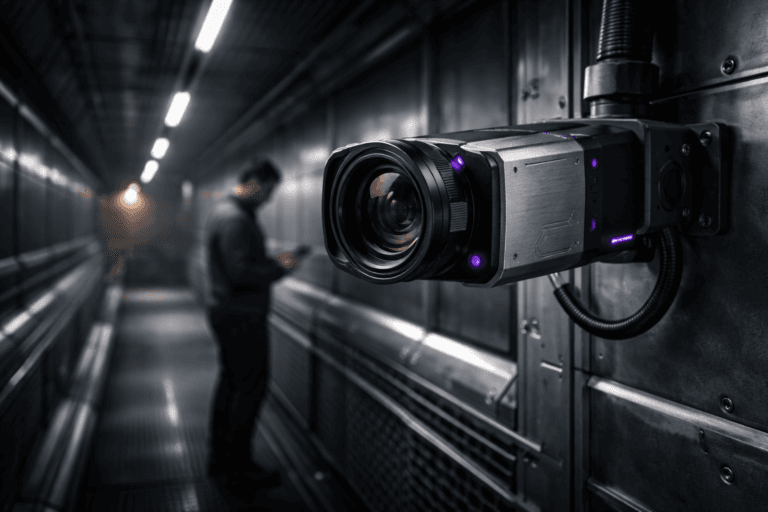 A photorealistic medium-wide cinematic shot, camera positioned approximately 1–2 meters from the subject, capturing a refined real-world hero object: a physically plausible industrial machine-vision camera presented as a premium prototype/sculpture — compact brushed-aluminum body, matte-black polymer trim, prominent multi-element glass lens with subtle aperture mechanics visible, realistic mounting bracket and cable conduit, small discrete status LEDs and engraved circuit-line etchings on the housing (no legible text). The device reads instantly as a real inspection camera from 1–2 meters, with integrated slim electric purple (#7B63FF) LED indicators and thin purple inlay accents that suggest intelligence without overpowering realism. Set in a clean, illuminated metallic ventilation tunnel inside an industrial facility (metal grilles, riveted panels, maintenance catwalks visible), rendered as a lived-in Tech‑Noir environment with practical linear LED strips along the tunnel and a distant warm work lamp; a single technician (diverse, professional, neutral candid posture) occupies the background, secondary to the camera. Lighting is low-key and practical, complemented by a soft integrated white spotlight from above/side that gently reveals form, texture and depth; controlled specular highlights on metal, subtle atmospheric haze, and restrained purple spill from the camera accents. Cinematic photographic realism with subtle Tech‑Noir influence, neutral corporate tones with restrained electric-purple accents, medium‑wide framing at eye level, 35mm/50mm photographic look, shallow-to-medium depth of field, natural skin tones, ultra-detailed materials and microtexture (brushed metal, glass, polymer, fasteners), realistic noise-free 8K render quality. No captions, no text overlays, no watermarks. Cinematic realism, natural depth of field, premium materials, ultra-detailed, 8K.