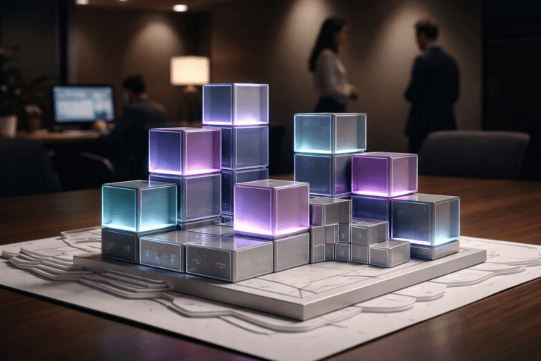 A photorealistic medium-wide cinematic shot, camera positioned approximately 1–2 meters from the subject, capturing a refined real-world hero object: a modular arrangement of polished acrylic "data cubes" (10–15 units, 6–12 cm each) with frosted colored faces (muted cyan, slate magenta, neutral gray) and slim electric-purple LED edge accents (#7B63FF) that indicate activity. Each cube is physically supported by near-invisible clear acrylic rods and sits on a low brushed-aluminum plinth, with subtle engraved micro-icons and tiny embedded translucent charts (no readable text) so the data metaphors remain literal and legible from a 1–2 m viewing distance. The cubes are actively organizing into geometric formations—stacks, grids, and a small isometric staircase—over a handcrafted white layered paper topographic map (precisely cut paper strata with visible fiber texture and crisp shadows), placed on a walnut conference table. Set in a modern corporate data-cockpit meeting room with a Tech‑Noir mood: dark neutral walls, a single desk lamp and two laptop screens casting practical glow, and a soft integrated white spotlight from above/side gently revealing form, texture, and depth. Natural human presence in the background and periphery: three diverse professionals (two standing, one seated) in candid postures, neutral expressions, subtly blurred to remain secondary; a laptop screen shows an abstract dashboard window (no logos or readable text). Lighting is low-key and controlled, practical sources (lamp, screens) produce warm fill while electric-purple accents remain restrained and non-dominating. Color palette: neutral corporate tones (charcoal, warm wood, soft white) with restrained neon accents centered on Electric Purple #7B63FF. Camera: 35mm cinematic look, shallow-to-medium depth of field, natural bokeh, precise focus on the cubes and paper topography, realistic material rendering (acrylic reflections, paper grain, metal sheen). Cinematic realism, premium materials, ultra-detailed surface textures, photorealistic, 8K. Constraints: no captions, no text overlays, no watermarks, no floating logos.
