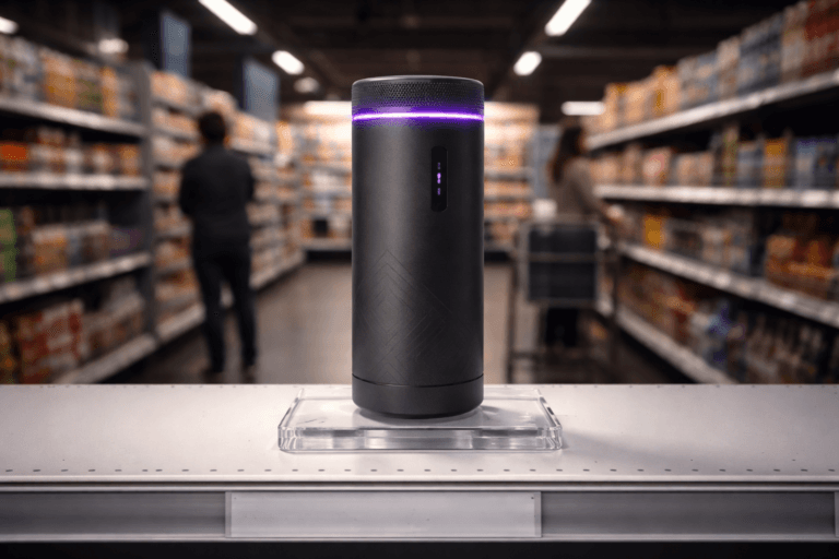 A photorealistic medium-wide cinematic shot, camera positioned approximately 1–2 meters from the subject, capturing a retail-ready smart microphone device — a physically plausible cylindrical smart microphone/speaker with matte charcoal aluminum body, subtle isometric geometric embossing on the housing, an integrated narrow OLED status window, a soft-touch silicone base, and a thin electric-purple LED ring (hex #7B63FF) around the grille indicating listening/activity — clearly readable within a realistic environment. The object sits centered on a white supermarket gondola shelf on a small clear acrylic display stand with a realistic plastic price strip beneath (no legible text), packaged as a countertop demo unit but shown as the product itself; scale and detail readable from 1–2 meters. The object integrates subtle electric-purple accents indicating intelligence or activity without overpowering realism. Set in a modern urban grocery aisle with a Tech‑Noir mood: clean white gondola shelving, neutral corporate tones, restrained neon accents, and practical in-store fixtures; natural human presence in the background — a diverse adult shopper pushing a cart and a store associate stocking shelves, both deliberately out of focus and candid. Lighting is low-key and practical: overhead store fluorescents, warm practical spot lamps in the aisle, plus a soft integrated white spotlight from the side-top gently revealing form, texture, and depth; purple LED ring provides a restrained accent glow (no exaggerated neon bloom). Camera and framing: medium-wide composition, 35mm photographic look, camera ~1.5m from product, eye-level at mid-plane of device, rule-of-thirds balance, product occupying ~35–45% of frame. Depth of field: natural shallow-to-medium (sharp product, soft background bokeh). Materials: ultra-realistic matte aluminum, fine mesh grille, soft silicone, clear acrylic, subtle shelf dust and fingerprints for authenticity. Visual style: cinematic photographic realism with subtle Tech‑Noir influence, neutral palette with electric purple #7B63FF accents, soft specular highlights, high dynamic range, filmic color grading. Render: photorealistic, ultra-detailed, studio-grade texture detail, 8K. Constraints: no captions, no text overlays, no visible brand logos, no watermarks, no floating or surreal elements, avoid excessive glow — production-ready.