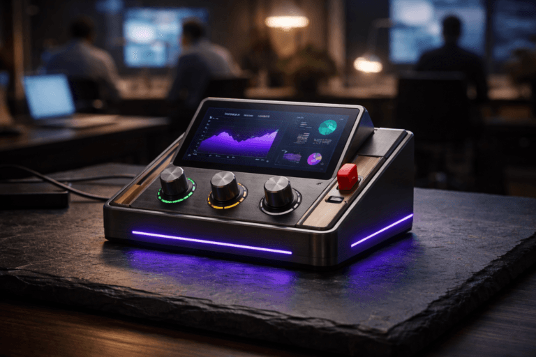 A photorealistic medium-wide cinematic shot, camera positioned approximately 1–2 meters from the subject, capturing a refined real-world hero object: a tactile "Voice of the Customer" control console—a physically plausible, hand-sized (≈25–30 cm) isometric-inspired 3D desktop sculpture that reads as a miniature operational dashboard. The console is built from brushed dark aluminum and matte glass, with layered geometric blocks forming an isometric composition, a tilted micro touchscreen showing tiny realistic graphs (no text), three precision tactile knobs, three discrete LED alert indicators, and a red incident toggle switch; subtle polished oak insets add warmth. The object is clearly legible at 1–2 meters and feels immediately recognizable as an actionable dashboard-device. The object integrates subtle electric-purple accents (#7B63FF) as rim LEDs and backlight to indicate intelligence and activity without overpowering realism. Set on a natural black slate surface (ardósia negra) inside a modern Tech‑Noir product war-room vignette: a dim, lived-in corporate workspace with blurred background activity—diverse professionals in business-casual posture, a large wall display softly out of focus, practical desk lamps and laptop screens providing ambient light. Lighting is low-key and practical, with a soft integrated white spotlight from above at a slight side angle to reveal form, texture, and depth, complemented by restrained purple rim lighting for accent. Color palette: neutral corporate tones (graphite, charcoal, warm wood) with restrained neon accents (electric purple #7B63FF, muted cyan), cinematic photographic realism, 50mm photographic look, shallow-to-medium depth of field, high dynamic range, premium materials, ultra-detailed surface textures (brushed metal, matte glass, natural slate grain), photorealistic rendering, 8K. Composition and framing: medium-wide, subject centered slightly off-axis, camera height ~ chest level, natural reflections on glass minimized, realistic scale and shadows, no floating elements. Constraints: no text, no captions, no logos, no watermarks, no identifiable real people, physically plausible materials and mechanics, high-fidelity photorealism suitable for Midjourney v6 / DALL·E 3.