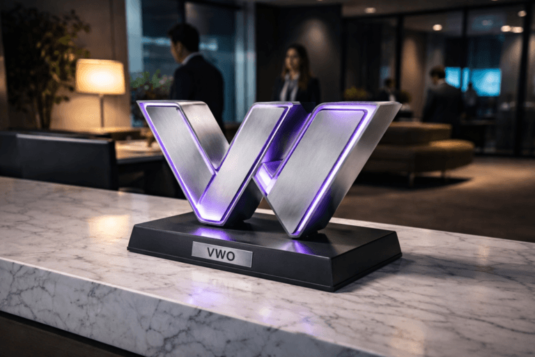 A photorealistic medium-wide cinematic shot, camera positioned approximately 1–2 meters from the subject, capturing a refined real-world hero object: a solid 3D isometric sculpture of the official VWO logo (physical, instantly recognizable, approx 20–30 cm wide) made from brushed aluminum faces with frosted acrylic insets, mounted on a low matte-black base with a discreet engraved plaque showing the official mark; the logo is physically present on the counter and clearly readable from 1–2 meters, with realistic material seams and machining details. The object integrates subtle electric-purple accents (#7B63FF) as thin edge-lighting and a restrained under-base LED wash to indicate activity—visible but not glowing or floating—no floating logo, no exaggerated glow. Set in a modern corporate lobby optimized for a Tech-Noir aesthetic: the sculpture rests on a minimalist white Carrara marble reception counter in a sleek office foyer, with a receptionist at the desk and two diverse professionals in business-casual attire in the background (candid posture, neutral expressions), subtle furniture (low seating, potted plant) and a glass partition revealing a dimly lit open-plan workspace beyond. Lighting is low-key and practical: warm 3000K desk lamp on the counter, cool blue screens and soft practical sconces in the background, complemented by a soft integrated white spotlight from above/side gently revealing the logo’s form, texture, and depth; subtle purple rim light echoes the accent color without overpowering realism. Visual style: cinematic photographic realism with subtle Tech-Noir influence, neutral corporate tones (charcoal, slate, warm marble) with restrained neon accents (electric purple primary, faint cyan secondary). Camera & framing: medium-wide frame, 35mm photographic look, camera approx 1.5 meters from subject, slight 10–15° top-down angle to show the isometric faces; aperture f/2.8–f/4 for shallow-to-medium depth of field keeping the logo razor-sharp and the background softly defocused; natural filmic grain removed, ultra-detailed textures on metal and marble. Materials: brushed aluminum, frosted acrylic, matte-black base, Carrara marble counter—high-fidelity physically plausible reflections, accurate specular highlights, subsurface scattering on acrylic. Composition hierarchy: logo sculpture dominant in foreground center-left, reception activity secondary in midground, workspace depth in background. Constraints: photorealistic, no captions, no text overlays, no watermarks, no floating or magically glowing logos, logo placement realistic on object/base only, no identifiable real individuals. Cinematic realism, natural depth of field, premium materials, ultra-detailed, 8K.