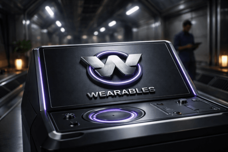 A photorealistic medium-wide cinematic shot, camera positioned approximately 1–2 meters from the subject, capturing a refined real-world hero object: a physical 3D isometric metal logo sculpture of the "Wearables" brand (realistic embossed brand mark), mounted flush on a compact matte‑black control console / tabletop "control panel" with brushed-aluminum chamfers, tempered-glass OLED status ring, tactile buttons and a subtle wireless charging pad — the logo is a true physical object, securely mounted (no floating or unrealistic glow) and clearly readable at 1–2 meters. The object integrates subtle electric purple accents (#7B63FF) as thin illuminated inlays on the OLED ring and edge-lit seams to indicate intelligence/activity without overpowering realism. Set in a clean, polished metallic ventilation tunnel repurposed as a tech operations corridor — polished duct walls, linear recessed LED service strips, a narrow catwalk and maintenance alcoves, slight practical haze for depth. Natural human presence: two diverse technicians in the background and periphery, candid and professional, one checking a tablet, one walking past, both deliberately out of focus and secondary to the logo. Lighting is low-key and practical: cool white linear LEDs along the tunnel, a warm practical lamp near the console, and a soft integrated white spotlight from above/side gently revealing the logo’s texture, embossing, and material finishes; restrained electric-purple reflections on nearby metal surfaces. Cinematic photographic realism, 35mm/50mm medium-wide perspective, natural shallow-to-medium depth of field, premium materials (brushed metal, anodized black, tempered glass), ultra-detailed surface texture, realistic scale and shadows, no text overlays or captions, no watermarks. Cinematic realism, natural depth of field, premium materials, ultra-detailed, 8K.