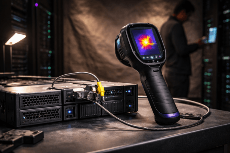 A photorealistic medium-wide cinematic shot, camera positioned approximately 1–2 meters from the subject, capturing an industrial-grade temperature measurement setup as the refined real-world hero object: an IR thermal imager with rubberized grip and small LCD thermal display (no legible text), paired with a thermocouple probe and braided cable clamped to a server heat sink and adjacent server node (brushed steel, vented panels, status LEDs). The assembly is physically realistic and instantly recognizable—stainless clamp, braided probe, textured cables—clearly readable within a realistic environment. The object integrates subtle electric-purple accents (#7B63FF) as restrained LED indicators and a faint UI glow on the imager, indicating intelligence/activity without overpowering realism. Set in a compact datacenter maintenance bench staged as a photographic product shot inside a dim Tech‑Noir server aisle: a real server rack and maintenance bench in the foreground, with a crumpled kraft-paper backdrop clipped to a studio stand behind the bench to provide the requested texture while remaining believable in a maintenance/staged photo context. Natural human presence: one technician (diverse, corporate-casual, neutral expression) stands in the background at the periphery, out of focus, interacting with a tablet—secondary to the hero object. Lighting is low-key and practical: cool rack LEDs and a warm desk lamp create pockets of contrast, complemented by a soft integrated white spotlight from above/side that gently sculpts form and texture; subtle rim light separates the probe and imager from the backdrop. Color palette: neutral corporate tones (matte blacks, gunmetal, warm steel) with restrained neon accents—electric purple #7B63FF as primary accent and warm amber for thermal hotspots. Camera & framing: medium-wide cinematic composition, slight elevated oblique angle (suggesting isometric structure without graphic stylization), 35mm/50mm photographic look, natural shallow-to-medium depth of field (hero object tack-sharp, background softly blurred), authentic material detail (metal grain, rubber texture, braided cable fibers). Level of realism: photorealistic, cinematic photographic realism with a subtle Tech‑Noir influence, premium materials, ultra-detailed surface microtexture, believable thermal indication via false‑color on the device screen (no added text). Constraints: no captions, no text overlays, no watermarks, no floating or exaggerated logos, no surreal or impossible elements. Cinematic realism, natural depth of field, premium materials, ultra-detailed, 8K.