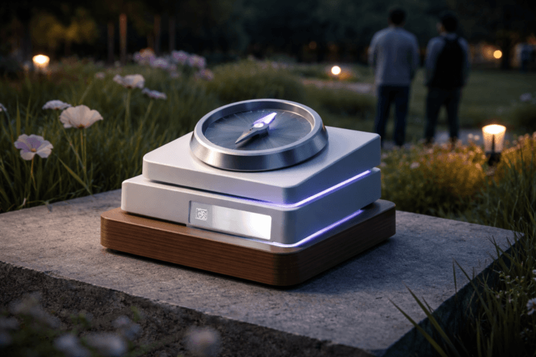 A photorealistic medium-wide cinematic shot, camera positioned approximately 1–2 meters from the subject, capturing a refined real-world hero object — a desktop-sized sculptural navigation compass fused with stacked isometric UI-card blocks: brushed aluminum compass housing with a precise polished needle, walnut wood base, three layered matte polymer isometric blocks (clear hierarchy H1/proof/CTA implied by form) and a small frosted OLED inset showing a minimal wireframe placeholder (no readable text). The object integrates subtle electric-purple accents (#7B63FF) as fine LED inlays along block edges and a thin halo at the compass pivot to indicate intelligence or activity without overpowering realism. Set in a real-world art-park meadow populated with stylized low-poly sculptural flowers and geometric turf — a believable outdoor installation at early evening, preserving a Tech‑Noir mood through restrained neon accents and neutral corporate tones. Natural human presence in the background/periphery: two diverse designers, candid posture, slightly out of focus, observing from a respectful distance. Lighting is low-key and practical — warm golden-hour ambient, small ground lamps in the meadow, the object's OLED/LED practical glow, complemented by a soft integrated white spotlight from the side to gently reveal form, texture, and depth. Cinematic realism, natural shallow-to-medium depth of field, 35mm photographic look, medium-wide composition, f/2.8–4, premium materials (brushed metal, walnut, matte polymer, frosted glass), ultra-detailed, subtle filmic grain, photorealistic, 8K. Constraints: no captions, no text overlays, no watermarks, no floating or dominating neon, realistic scale, people non-identifiable.