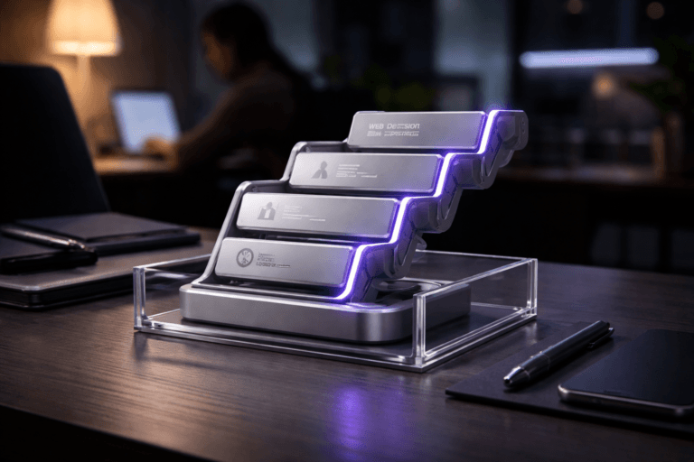 A photorealistic medium-wide cinematic shot, camera positioned approximately 1–2 meters from the subject, capturing a refined real-world hero object: a compact 3D-isometric desk sculpture that literalizes "Web Design Responsivo" — a flexible segmented ruler made of anodized matte aluminum and frosted acrylic panels forming stacked responsive "cards" with laser-etched, minimalist icons (text block, image, touch/finger, speed gauge) and precision micro-hinge joints; proportions and details are physically plausible and readable at 1–2 meters, with thin edge-lighting in Electric Purple #7B63FF recessed into acrylic edges to indicate activity without overpowering realism. The object integrates subtle electric-purple accents indicating intelligence or activity without overpowering realism. Set in a modern tech-noir office desk scene: the sculpture sits naturally inside a transparent acrylic desk organizer on a dark matte wood desk, surrounded by a neatly arranged notebook, a pen, and a closed smartphone; in the mid-background a diverse product/marketing team member works at a laptop or checks a phone (neutral candid posture, blurred to remain secondary). Lighting is low-key and practical — warm desk lamp and dim laptop screen as local sources, subtle neon rim light in the background, complemented by a soft integrated white spotlight from above/side that gently reveals form, texture, and depth; realistic soft reflections on acrylic, controlled specular highlights on metal, and restrained purple rim glow for Tech‑Noir mood. Cinematic photographic realism, medium-wide 35mm/50mm look, natural shallow-to-medium depth of field, neutral corporate palette with restrained neon accents and Electric Purple #7B63FF as the primary accent, premium materials, ultra-detailed textures, photoreal, 8K. Constraints: no text overlays, no captions, no watermarks, no floating or exaggerated glows, no identifiable real individuals.