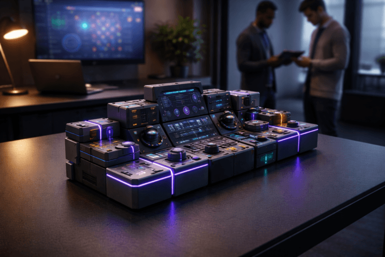 A photorealistic medium-wide cinematic shot, camera positioned approximately 1–2 meters from the subject, capturing a physical modular performance-cockpit model made of interlocking high-density molded polymer blocks with precision connectors — colorful, matte satin finish, each block roughly the size of a smartphone, assembled into a compact, optimized structure with a precise isometric-grid arrangement that reads instantly as a "performance dashboard" model; recessed micro-LED status indicators and thin edge inlays emit a restrained Electric Purple (#7B63FF) glow to indicate intelligence without overpowering realism, clearly readable within a realistic environment. The object integrates subtle electric-purple accents indicating intelligence or activity without overpowering realism. Set in a modern tech-noir meeting corner around a matte-black standing desk in a contemporary corporate office: a blurred widescreen monitor in the mid-background shows an abstract, out-of-focus analytics dashboard (no legible text), a warm metal task lamp and a slim laptop provide practical light sources, and two diverse professionals in smart-casual attire stand in the periphery reviewing a tablet, neutral candid poses, faces unidentifiable. Lighting is low-key and practical, with cool monitor glow and warm lamp rim light, complemented by a soft integrated white spotlight from above and a restrained purple rim-fill to emphasize the tech-noir mood, gently revealing form, texture, and depth. Camera specifications: 35mm cinematic look, f/2.8, shallow-to-medium depth of field, medium-wide framing, camera height ~1 meter, perspective slightly above the table plane to show interlock detail and surface textures. Materials: premium polymer with subtle microtexture, rubberized seals, precision metal connector accents, faint dust and fingerprints for tactile realism. Color palette: neutral corporate tones (charcoal, slate, brushed metal) with restrained neon accents — primary accent Electric Purple #7B63FF on LEDs/edge inlays, secondary accents cyan and warm amber. Composition: dominant object centered-left, negative space to the right for contextual depth, natural reflections on the matte desk surface, realistic contact shadows. Level of realism: photorealistic, tactile, ultra-detailed materials and microstructure, natural skin tones on background figures. Constraints: no text, no captions, no logos floating or oversized, no watermarks, no brand names legible. Cinematic realism, natural depth of field, premium materials, ultra-detailed, 8K.