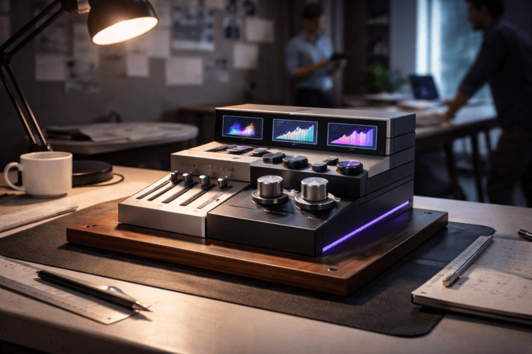 A photorealistic medium-wide cinematic shot, camera positioned approximately 1–2 meters from the subject, capturing a refined real-world hero object: a tactile physical sculpture of "Web Personalization" realized as a compact isometric 3D control deck — a grounded, physically plausible sculpture of stacked modular blocks (brushed aluminum and matte black anodized panels) arranged in an isometric stepped layout with tangible UI affordances: precision metal sliders, knurled rotary knobs, mechanical toggle switches, and three inset micro-screens displaying abstract animated graphs and color bars (no text). The sculpture sits on a polished walnut drafting-board base ~40 cm wide with subtle mounting screws so the form reads clearly at 1–2 meters; nearby architect's scale ruler, mechanical pencil, and a ceramic coffee cup provide human-scale cues. The object integrates subtle electric-purple accents (#7B63FF) as thin LED inlays and soft backlight behind the micro-screens to indicate activity without overpowering realism. Set in a modern architect's drafting studio — an angled architect's drawing table with an adjustable articulated lamp, pinned moodboard and rolled blueprints, a closed laptop and a sketch notebook; the environment is lived-in and believable with two diverse professionals in the background periphery (one taking notes on a tablet, one leaning on the table), candid and neutral, slightly out of focus so humans remain secondary to the object. Lighting is low-key and practical: warm filament from the articulated lamp, cool micro-screen glows, a soft integrated white spotlight from above/side gently revealing form and texture, with a faint controlled electric-purple rim glow to convey Tech‑Noir intelligence. Camera/framing: medium-wide 35mm photographic look, chest-height angle, shallow-to-medium depth of field (subject crisply in focus, background softly blurred), cinematic composition with natural perspective and subtle vignette. Materials and texture: ultra-detailed photorealism — brushed metal, anodized finish, tempered glass micro-screens, warm walnut, soft leather mat, realistic fingerprints and micro-scratches for authenticity. Color palette: neutral corporate tones (charcoal, slate, warm walnut, soft concrete) with restrained neon accents — primary accent electric purple #7B63FF, secondary accents teal and soft amber. Level of realism: photorealistic commercial-grade with subtle Tech‑Noir influence in lighting and color. Constraints: no visible text, no captions, no logos, no watermarks, no floating or exaggerated glow; ultra-detailed studio-quality render, 8K.
