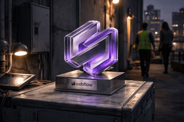 A photorealistic medium-wide cinematic shot, camera positioned approximately 1–2 meters from the subject, capturing a refined real-world hero object: a physical 3D isometric sculpture of the official Webflow AI logo (approx. 25 cm) — layered clear and frosted acrylic with brushed-metal core, clean beveled edges, mounted on a low brushed-steel pedestal that sits on top of a gray industrial electrical distribution box; the official Webflow logo and small wordmark appear on a realistic metal plaque at the pedestal base (clearly readable but unobtrusive). The object integrates subtle electric-purple accents (Electric Purple #7B63FF) via very low-intensity internal diffusion lighting to indicate intelligence/activity without overpowering realism and without floating or excessive glow. Set in an optimized real-world Tech-Noir environment: an urban rooftop service corridor at dusk with concrete floor, weathered industrial electrical boxes and conduit, faint distant city skyline and streetlights, scattered maintenance tools and a safety railing — the acrylic sculpture sits naturally on the box surface with realistic shadows and contact points. Natural human presence in the background and periphery: a maintenance technician in a hi-vis vest and a second professional walking past, diverse, candid postures, neutral expressions, both out of focus enough to remain secondary to the hero object. Lighting is low-key and practical — a warm LED work lamp and a tablet screen provide localized highlights and rim light, complemented by a soft integrated white spotlight from above/side that gently reveals form, texture, and depth on acrylic, metal, and painted steel. Cinematic realism, natural depth of field, premium materials, ultra-detailed surface wear, subtle specular reflections, photorealistic rendering. Camera: 35mm cinematic look, medium-wide framing, subject tack-sharp with shallow-to-medium depth of field. Color palette: neutral industrial grays and matte metals, warm practical light tones, restrained neon accents with Electric Purple #7B63FF as the single accent color. Level of realism: high photographic realism with subtle Tech-Noir mood, no surreal elements. Render: ultra-detailed, 8K. Constraints: no captions, no text overlays, no watermarks, no floating or oversized logos, avoid neon bloom or exaggerated glow.