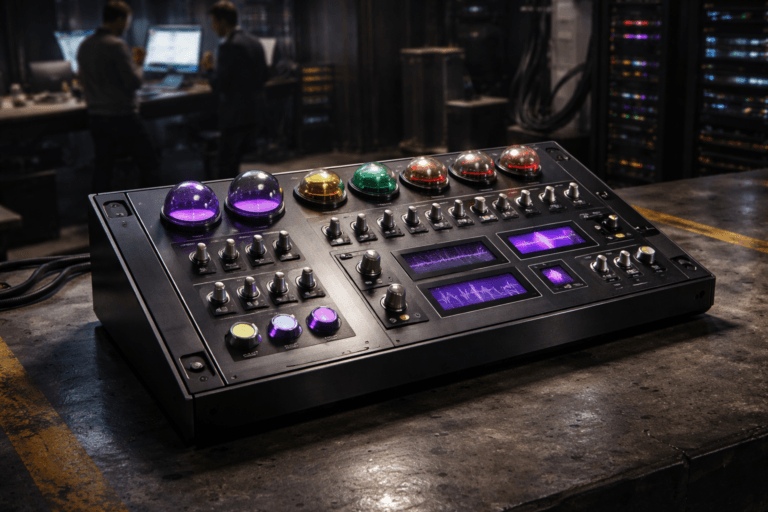 A photorealistic medium-wide cinematic shot, camera positioned approximately 1–2 meters from the subject, capturing a refined real-world hero object: a tactile "Webhook control panel" sculpture — a physically plausible 3D isometric console roughly 60cm x 40cm, built from matte black anodized aluminum and brushed steel, with segmented glass indicator domes, mechanical toggles, recessed status LEDs, and small embedded display modules showing abstract signal-wave visuals (no legible text). The object integrates subtle electric-purple accents (#7B63FF) as thin LED rings and inner-backlighting around indicators to suggest intelligence/activity without overpowering realism. Set in an optimized real-world Tech‑Noir environment: a polished factory concrete floor with yellow safety stripes and faint scuff marks, an industrial workbench midground, coiled network cables and discrete hardware racks along the periphery, and a dim operations gallery in the background. Natural human presence: 2–3 diverse professionals (engineer and marketer types) in candid, neutral postures at the edges of the frame, interacting with laptops and a wall screen — clearly secondary and slightly out of focus. Lighting is low-key and practical: ambient glow from monitors and desk lamps, a soft integrated white spotlight from above-side gently revealing the console's form and texture, and restrained electric‑purple rim lighting for mood. Cinematic photographic realism, shallow-to-medium depth of field, 35mm lens look, medium-wide framing, premium materials and ultra-detailed textures (metal grain, fingerprints, polished concrete reflections), realistic specular highlights and subtle bokeh, 8K. Constraints: no text overlays, no captions, no watermarks, no floating or oversized logos, photorealistic, production-ready.