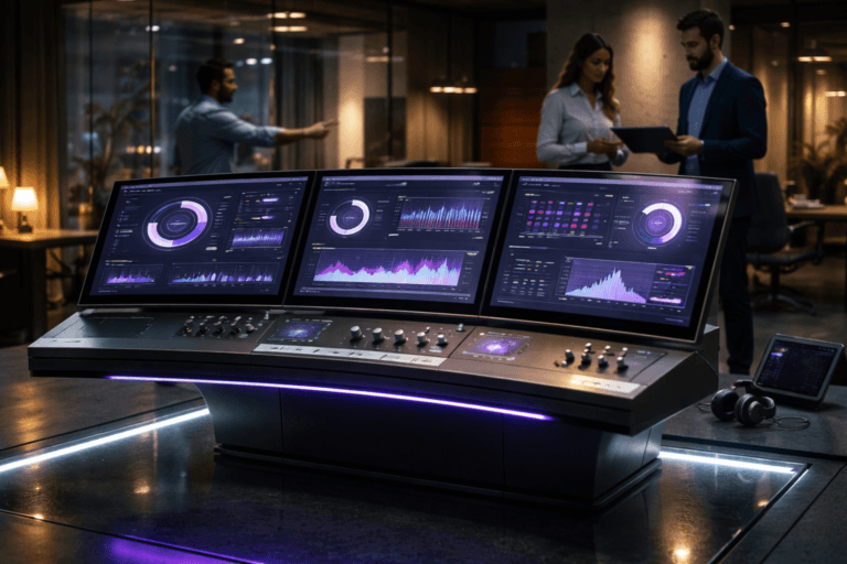A photorealistic medium-wide cinematic shot, camera positioned approximately 1–2 meters from the subject, capturing a single dominant real-world hero object: a high-end "Webinar Operations Console" — a freestanding executive command console with three bonded matte OLED touch displays arranged in a slight isometric stagger, precision-machined brushed-aluminum bezels, low-profile tactile knobs and buttons, and rows of tiny status indicator LEDs. The displays show abstracted dashboard visualizations (progress rings, stacked bar widgets, presence meters, engagement heatmaps and timeline scrubbers) rendered as graphical UI elements without legible text, and subtle electric-purple highlights (Electric Purple #7B63FF) used only as accent glows on LED strips and UI highlights. The console sits on a thick tempered-glass floor with integrated LED edge lighting, within a lived-in Tech‑Noir marketing operations room: glass-walled corporate war-room with matte concrete and dark wood accents, a few modern ergonomic chairs, cable-managed floor channels, and peripheral equipment (tablet on a stand, wireless headset). Natural human presence is present but secondary: three diverse professionals in business-casual attire (one standing and pointing at the console, two in the background reviewing a tablet) in candid, neutral poses, slightly out of focus to emphasize the console. Lighting is low-key and practical — warm task light from a small desk lamp, cool light from the OLED screens, soft integrated white spotlight from above/side gently revealing form and texture, and restrained neon edge glow in Electric Purple #7B63FF that signals intelligence without overpowering realism. Color palette is neutral corporate tones (charcoal, slate, warm neutrals) with restrained neon accents; materials are premium (brushed aluminum, matte black glass, tempered glass floor) with subtle reflections and fine surface detail. Camera: medium-wide composition, 35mm photographic look, slight low-angle to convey authority, f/2.8 shallow-to-medium depth of field, natural bokeh on background humans and environment, cinematic color grading with contrast and controlled shadows. Scene realism: photorealistic, subtle Tech‑Noir mood, no surreal elements, no floating or oversized UI. Constraints: no legible text, no captions, no logos, no watermarks, no visible brand marks, no floating glow that breaks physical plausibility. Cinematic realism, natural depth of field, premium materials, ultra-detailed, 8K.