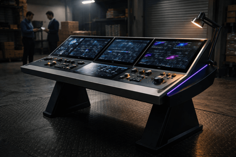 A photorealistic medium-wide cinematic shot, camera positioned approximately 1–2 meters from the subject, capturing a refined real-world hero object: a physical executive operations console — a freestanding command-center dashboard table with integrated angled OLED touch displays, brushed-aluminum bezels, tactile rotary knobs, clustered luminous LED status indicators and subtle touch sliders arranged in a clean isometric-inspired layered geometry; all elements are tangible and instantly recognizable from 1–2 meters, with realistic materials (matte black chassis, brushed steel, tempered glass screens) and no textual overlays or floating graphics. The object integrates subtle Electric Purple accents (#7B63FF) in indicator halos and thin status strips to signify intelligence/activity without overpowering realism. Set in an optimized real-world Tech‑Noir environment: an industrial loading dock with diamond-checker plate metal flooring, a partially open roller door, stacked pallets and muted industrial shelving in the soft background — lived-in but organized, slightly gritty industrial details visible. Natural human presence: two diverse professionals in business-casual tech attire in the mid-background, candid and secondary to the console (one briefly interacting with a tablet, one observing), neutral expressions, non-identifiable faces. Lighting is low-key and practical: primary illumination from the console screens and a small adjustable task lamp, complemented by overhead industrial lamps and a soft integrated white spotlight from the side above that gently sculpts form, texture, and depth; Electric Purple provides restrained rim accents, warm amber status LEDs provide contrast. Visual style: cinematic photographic realism with subtle Tech‑Noir influence, neutral corporate palette (charcoal, graphite, steel gray, muted navy) with restrained neon accents (Electric Purple #7B63FF) and warm amber highlights. Camera and framing: medium-wide composition, 35mm photographic look, camera height ~1.1 m, slight low angle, shallow-to-medium depth of field (console sharply in focus, background softly defocused), strong subject hierarchy emphasizing the console as the dominant focal point. Materials and detail: ultra-detailed surfaces (brushed metal grain, micro‑scratches on checker plate, tempered glass reflections, soft fabric textures on clothing), realistic specular highlights and subtle environmental reflections. Level of realism: high-fidelity photorealistic, production-ready, no surreal or floating elements. Render: ultra-detailed, studio-grade, 8K. Constraints: no text, no captions, no watermarks, no floating or oversized logos, brand-safe.