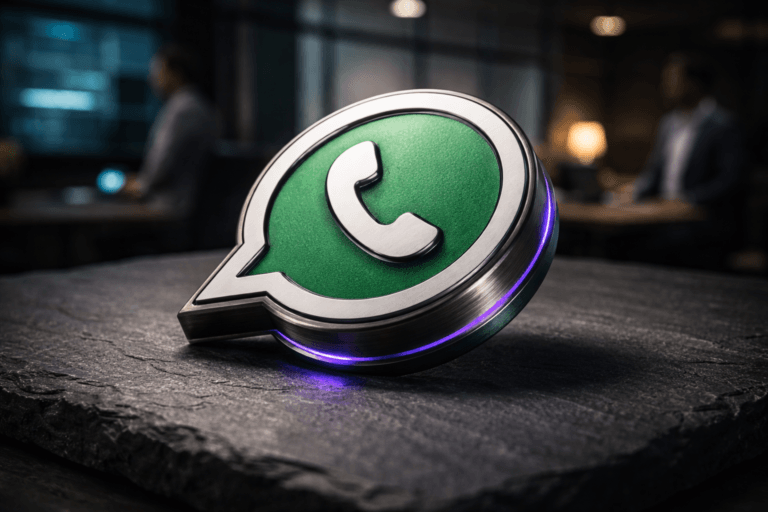 A photorealistic medium-wide cinematic shot, camera positioned approximately 1–2 meters from the subject, capturing a refined real-world hero object: an official WhatsApp logo rendered as a physical 3D isometric emblem — a solid, jewel-like metal enamel badge shaped as the WhatsApp speech-bubble with phone icon, oriented in a subtle isometric angle (approx 30° yaw, 15° tilt), ~35–40 mm thick, brushed gunmetal rim, deep matte enamel face with the official logo embossed and edge-polished for crisp legibility; the badge sits flat and stable on a natural black slate surface (visible grain and microtexture). The object integrates subtle electric-purple accents (#7B63FF) via a very restrained recessed inlay/edge-light — a soft, non-dominant glow indicating activity without floating, excessive bloom, or unrealistic levitation. Set in a realistic Tech‑Noir corporate workspace: a low-lit modern marketing/operations meeting room with an industrial ceiling, faint blurred rack monitors and glass partitions in the background showing diffuse UI glows (no text), and two diverse professionals in business-casual attire positioned naturally in the periphery, out of focus and secondary to the badge. Lighting is low-key and practical — subtle ambient from screens and a warm desk lamp in the distance, complemented by a soft integrated white spotlight from above at a slight side angle to reveal form, metal reflections, enamel texture, and the slate surface; controlled specular highlights, soft shadows, and gentle rim light to separate the badge from the background. Visual style: cinematic photographic realism with subtle Tech‑Noir influence, neutral corporate tones (charcoal, slate, deep green) with restrained neon accents (electric purple #7B63FF as accent, no other neon), premium materials (brushed metal, enamel, natural stone). Camera & framing: medium-wide composition, 35mm photographic look (or 50mm equivalent), shallow-to-medium depth of field (badge crisply in focus, background smoothly defocused), f/2.8–f/4 feel, slight vignette for cinematic emphasis. Color palette: neutral darks, cool highlights, warm practical fills, electric purple used sparingly for intelligence/activity cues. Level of realism: ultra-detailed photorealism, natural surface imperfections, realistic reflections and micro-texture, skin tones accurate for background figures. Constraints: include the official WhatsApp logo realistically on the badge (no floating logos), no captions, no text overlays on screen, no watermarks, no brand-misuse effects, no excessive glow; render hyper-detailed, studio‑grade, 8K.
