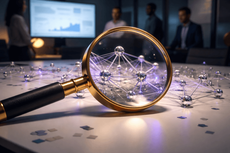 A photorealistic medium-wide cinematic shot, camera positioned approximately 1–2 meters from the subject, capturing a large, physical oversized golden magnifying glass (polished 24k-look gold rim, brushed brass shaft with a matte black ergonomic grip) resting on a modern white conference table and clearly examining a tangible 3D network model: glass-sphere nodes (2–4 cm), chrome connector rods, and translucent fiber-optic threads forming a readable web of connections. The magnifying glass lens clearly enlarges a cluster of nodes and reveals fine details (node textures, micro-scratches, printed micro-patterns) — the object integrates subtle electric-purple accents (#7B63FF) flowing along selected connections to indicate intelligence/activity, applied as restrained internal glows inside the fiber threads and tiny point highlights on node junctions without overpowering realism. Set in a believable modern corporate "SEO war room" — low-lit strategy room with a clean white floor scattered with small matte paper confetti in muted corporate tones, a large wall screen in the background displaying a blurred analytics dashboard (no legible text), and 2–4 realistic, diverse professionals in business-casual attire in the periphery (candid postures, neutral expressions), secondary to the main object. Lighting is low-key and practical: a soft integrated white spotlight from above (slightly off-center) gently revealing form and texture, a warm desk lamp to the side for rim warmth, subtle cool blue practical LEDs and restrained electric-purple rim light to reinforce Tech‑Noir accents; accurate reflections on gold, glass, and chrome, soft shadows on the table and confetti. Camera: 35mm photographic look, medium-wide framing, camera slightly elevated and angled downward ~15°, natural shallow-to-medium depth of field (main object sharp, background softly out of focus), cinematic composition with strong subject hierarchy, premium material realism, ultra-detailed micro-textures, photorealistic render, 8K. Constraints: no text, no captions, no legible UI text, no watermarks, no floating or exaggerated glowing logos.