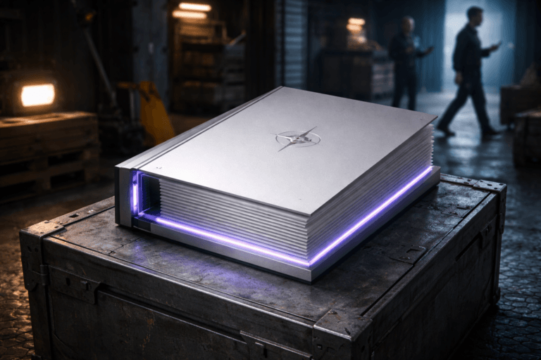 A photorealistic medium-wide cinematic shot, camera positioned approximately 1–2 meters from the subject, capturing a refined real-world hero object: a physical sculptural "White Paper" artifact — a tabletop-sized hardcover report rendered as a believable 3D isometric sculpture (matte white stacked pages with precise isometric layering, brushed aluminum hard cover, translucent smoked-acrylic spine, small recessed compass emblem in brushed steel—no text visible). The sculpture's page edges are subtly edge-lit with Electric Purple #7B63FF, thin realistic LED glow confined to seams and spine to indicate intelligence/activity without looking artificial. The object sits naturally on a low industrial crate in a dim Tech‑Noir industrial loading dock: diamond-plate metal floor with worn texture and scattered oil sheen, wooden pallets, metal shelving, a pallet jack parked to the side, and a slightly open dock door letting in cool exterior light. Natural human presence in the mid-background and periphery: two professional, diverse adults (one examining a tablet, one walking past with a clipboard), candid neutral expressions, slightly out of focus so the sculpture remains dominant. Lighting is low-key and practical — warm tungsten work lamp on a nearby crate, soft cold blue spill from the dock door, subtle LED strip under shelving, and a soft integrated white spotlight from above and slightly to the side that gently reveals form, texture, and depth; delicate purple rim light accent from the sculpture's LEDs ties into overall grading. Camera: 35mm cinematic look, medium-wide framing, natural shallow-to-medium depth of field (subject sharp, background softly compressed), f/2.8–4 equivalent, eye-level perspective. Materials and texture details: ultra-detailed matte paper fibers, micro-scratches on brushed aluminum, faint dust in crevices, realistic reflections on acrylic spine, specular highlights on metal floor. Color palette: neutral corporate greys, charcoals, and steel with restrained Electric Purple #7B63FF accents and muted cyan fill; Tech‑Noir mood without surreal elements. Composition: clear subject hierarchy (sculpture dominant, humans secondary), readable from 1–2 meters, physically plausible scale and placement, no floating elements. Cinematic realism, premium materials, ultra-detailed, studio-grade render, subtle film grain, 8K, photorealistic — no text, no captions, no watermarks.