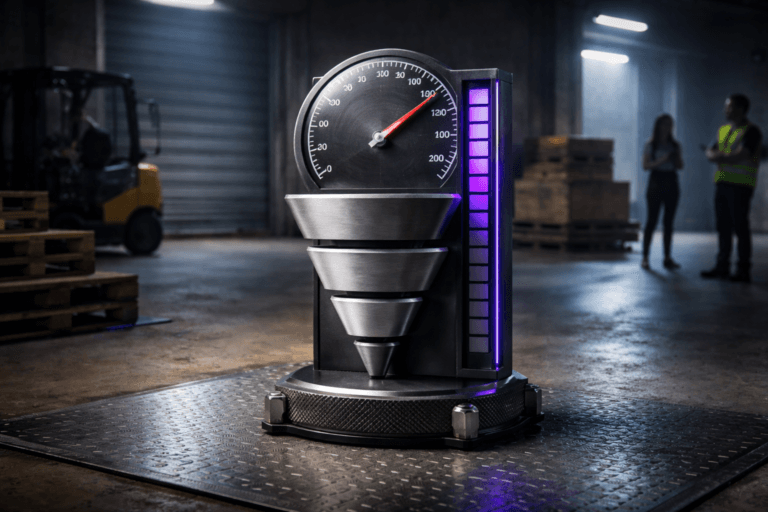 A photorealistic medium-wide cinematic shot, camera positioned approximately 1–2 meters from the subject, capturing a refined, physically plausible "Win Rate" hero object: a freestanding industrial sculpture (≈50 cm tall) that reads as a real-world performance gauge — an analog 0–100% circular dial fused with three stacked isometric-inspired metal blocks (representing funnel stages) and a vertical segmented LED bar; materials: brushed aluminum, matte black anodized steel, tempered glass face, engraved scale markers, knurled steel tripod base with visible bolts — all details readable at 1–2 m. The object integrates subtle electric-purple accents (#7B63FF) in the LED segments and thin edge-lighting indicating intelligence/activity without overpowering realism. Set in a cinematic industrial loading-dock environment: diamond-plate metal floor, stacked wooden pallets and shipping crates, a parked forklift and a partially open roll-up bay door with cool exterior light spilling in, high rafters and worn concrete walls — Tech-Noir mood but fully lived-in and believable. Natural human presence in the background/periphery: two diverse professionals (one business-casual analyst holding a tablet, one operations supervisor in a reflective vest) candid and slightly out of focus, secondary to the object, neutral expressions, non-identifiable. Lighting is low-key and practical — overhead industrial lamps, tablet/monitor glow, and the bay-door cool fill — complemented by a soft integrated white spotlight from above-left that sculpts form, reveals texture and depth; subtle electric-purple rim reflections on the diamond plate floor and nearby crates for accent. Cinematic photographic realism: 35mm/50mm look (medium-wide), shallow-to-medium depth of field (f/2.8–f/4), natural bokeh, volumetric haze for atmosphere, ultra-detailed material textures (metal grain, glass reflections, floor scuffs), premium studio-grade rendering, 8K. Color palette: neutral corporate tones (gunmetal, slate, charcoal, warm steel) with restrained neon accents (electric purple #7B63FF and cool blue fills). Composition enforces a single dominant focal point (the sculpture) centered slightly off-axis, strong subject hierarchy, balanced negative space for editorial use. Constraints: no text, no captions, no logos, no watermarks, no floating or exaggerated glowing logos or text; people must not be identifiable; maintain photorealism with subtle isometric design cues integrated into a physically manufacturable object.