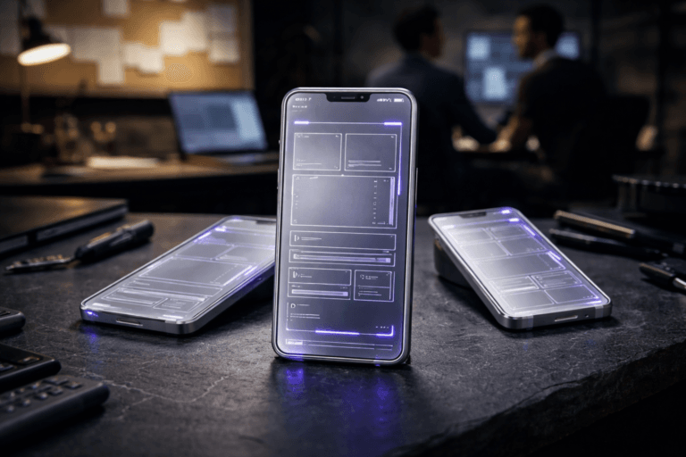 A photorealistic medium-wide cinematic shot, camera positioned approximately 1–2 meters from the subject, capturing a single dominant, refined real-world hero object: a physical mobile wireframe prototype set — one primary smartphone mockup (center) and two secondary mockups arranged in an isometric composition. Each mockup is a tactile, manufacturable object made of frosted acrylic screens, thin laser-cut aluminium frame, and precision-etched layout blocks that read as interface "skeleta" (no legible text). Thin embedded LED filaments form the wireframe overlays as tangible, luminous rails and module outlines (practical LEDs, not floating holograms), with subtle electric purple accent traces (#7B63FF) running along primary interaction paths and component edges to indicate activity. The primary device is clearly readable at 1–2 meters, showing etched UI blocks, tactile cutouts for buttons, and layered translucent panels to suggest hierarchy and states (empty, loading, error, success) without caption or text. Set on a natural black slate surface (ardósia) in a lived-in product workshop — a modern tech-noir tabletop: matte tools, a laptop with a muted screen, a corkboard with blurred sticky notes in the midground, and two designers in the background working candidly (diverse, professional, neutral expressions), all softly out of focus so people remain secondary. Lighting is low-key and practical: small desk screens and a warm task lamp provide rim and fill light, accented by restrained purple LED highlights; complemented by a soft integrated white spotlight from above/side that reveals surface texture, frosted edges, and metal finish. Color palette: neutral corporate grays, matte blacks, steel, warm wood accents, with restrained electric-purple neon highlights (#7B63FF) and subtle cool cyan reflections. Camera: 35mm cinematic look (or 50mm equivalent), medium-wide framing, natural shallow-to-medium depth of field (soft bokeh on background), aperture ~f/2.8, precise focus on the central prototype. Style: photorealistic, premium materials, ultra-detailed microtextures (etched acrylic grain, anodized aluminum), Tech‑Noir mood without surrealism. Composition: strong subject hierarchy, readable elements, negative space around devices, isometric arrangement to emphasize structure and flow. Constraints: no text overlays, no captions, no watermarks, no floating or exaggerated glowing logos, faces not identifiable, photorealistic render, 8K.
