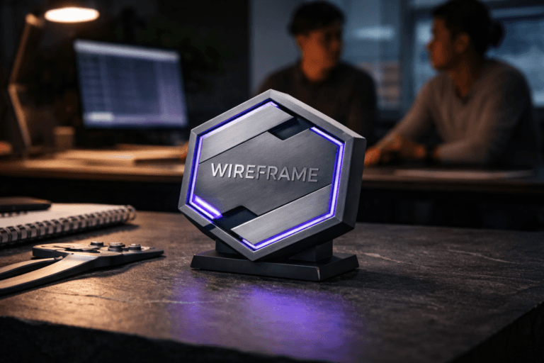 A photorealistic medium-wide cinematic shot, camera positioned approximately 1–2 meters from the subject, capturing a refined real-world hero object: a physical 3D isometric sculptural emblem of the Wireframe brand — a solid brushed-aluminum and matte polymer hybrid badge, the official Wireframe logotype recessed and crisply engraved on the face (realistic scale and placement, fully readable at 1–2 meters), mounted naturally on a small mount so it sits stably on the surface. The object integrates subtle electric-purple accents indicating intelligence or activity without overpowering realism: narrow #7B63FF inlay lines in the isometric edges and tiny recessed micro-LEDs with restrained glow that reflect softly on surrounding materials, never floating or dominating the frame. Set in a modern UX/product design studio workbench with a Tech-Noir mood: natural black slate surface (ardósia negra) as the foreground tabletop, a blurred laptop with a faint design grid, a sketchbook, measuring calipers and a ruler, and two diverse, professional designers in the background periphery (candid posture, neutral expressions), all naturally integrated into the scene. Lighting is low-key and practical — warm desk lamp and cool monitor glow create ambient contrast, complemented by a soft integrated white spotlight from above/side that gently sculpts form and texture, plus a very subtle purple rim light echoing the accent color. Cinematic photographic realism with subtle Tech-Noir influence, neutral corporate tones with restrained neon accents, premium materials (brushed aluminum, matte polymer, natural slate), medium-wide 35mm photographic look, shallow-to-medium depth of field with natural bokeh on background people and tools, no text overlays, no captions, no watermarks, ultra-detailed, photorealistic, 8K.