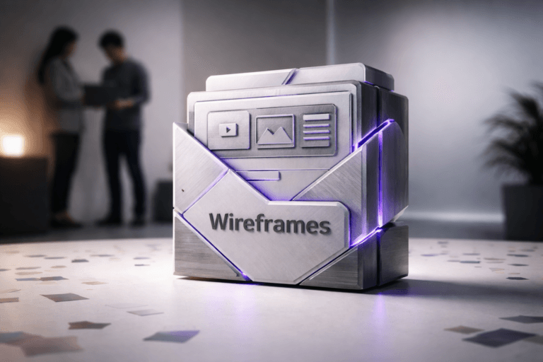 A photorealistic medium-wide cinematic shot, camera positioned approximately 1–2 meters from the subject, capturing a refined real-world hero object: a tangible 3D isometric "Wireframes" brand logo sculpture (official logo clearly visible, embossed and recessed on the front face) rendered as an isometric stack of interlocking geometric panels in brushed aluminum and matte polymer, with bold etched wireframe gridlines and schematic UI icons large enough to read from 1–2 meters; the sculpture is a physically plausible tabletop/floor piece, grounded on the surface and scaled for human context, with thin inset LED seams and subtle electric-purple edge lighting (Hex #7B63FF) indicating activity, tastefully integrated and never overpowering. The object integrates subtle electric-purple accents indicating intelligence or activity without overpowering realism. Set in a minimalist product-photography studio reinterpreted as a real-world Tech-Noir scene: a clean white matte floor scattered with realistic tissue-paper confetti in muted corporate colors, a soft low-contrast gradient backdrop, and natural human presence in the periphery — two professionals standing and reviewing a laptop at room’s edge, deliberately out-of-focus to keep the logo dominant. Lighting is low-key and practical: a soft integrated white spotlight from above/side gently revealing form and texture, an angled softbox to shape highlights, controlled fill from a warm practical lamp, and a restrained purple rim LED to accent edges (no halo or excessive glow), producing subtle specular highlights on metal and soft falloff on polymer. Cinematic realism, natural depth of field (shallow-to-medium), 35mm / 50mm photographic look, medium-wide framing, camera at eye level ~1–1.5 m, aperture f/2.8–f/4 for subject sharpness and creamy background bokeh, premium materials, ultra-detailed surface textures (brushed metal grain, matte polymer microtexture, paper fiber detail). Composition: logo sculpture is the dominant focal point, placed slightly off-center for dynamic balance, confetti scale and distribution realistic, secondary human figures blurred and peripheral, no floating elements, shadows physically plausible. Color palette: neutral corporate tones (soft greys, off-white, muted charcoal) with restrained neon accents and electric purple (#7B63FF) as the primary accent. Level of realism: photorealistic, high-end commercial product shot with subtle Tech-Noir mood. Constraints: no captions, no text overlays, no watermarks, do not depict the logo floating or glowing excessively, keep all elements physically plausible and brand-safe. Cinematic realism, natural depth of field, premium materials, ultra-detailed, 8K.