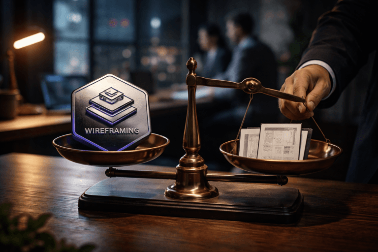 A photorealistic medium-wide cinematic shot, camera positioned approximately 1–2 meters from the subject, capturing a refined real-world hero object: a tactile 3D isometric physical emblem of the Wireframing brand (6 cm wide, machined metal and matte composite), the Wireframing logo embossed and clearly readable on its surface, sitting prominently on the left pan of an antique brass two-pan balance scale. The right pan holds a small stack of low-fidelity wireframe paper cards and a miniature tablet showing a grayscale wireframe—these elements are secondary and clearly legible at 1–2 meters. The emblem integrates subtle electric-purple #7B63FF inlay lines and a thin LED accent on its edge indicating activity, applied discreetly so realism is preserved (no floating or excessive glowing logos; logo is physically embossed on the emblem). Set in a dim, lived-in urban product studio at night—polished dark wood desk under a large industrial window with distant city neon, concrete and steel details, a laptop and a mug in soft focus—evoking a Tech-Noir but realistic workspace. Natural human presence appears in the periphery: a blurred diverse pair of professionals in the background collaborating, and an anonymous hand (realistic skin tone, professional attire) partially in frame adjusting the scale, candid and secondary to the object. Lighting is low-key and practical: a warm desk lamp from the side, cool monitor glow from behind, and a soft integrated white spotlight from above-left gently revealing form, texture, and depth; controlled reflections on brass and machined metal highlight edges without harsh specular blowouts. Color palette: neutral corporate tones (charcoal, warm brass, slate) with restrained neon accents and subtle electric purple highlights. Camera/framing: medium-wide, 35mm–50mm photographic look, aperture f/2.8–f/4 for shallow-to-medium depth of field, emblem and scale sharply in focus, background softly blurred. Materials and details: ultra-detailed textures—brushed brass, micro-scratches, paper fibers, anodized metal, soft rubber on the emblem base—photorealistic finish, premium studio-grade rendering, cinematic composition, natural reflections, believable shadows. Level of realism: strict photographic realism with subtle Tech-Noir accents, 8K, ultra-detailed. Constraints: no captions, no text overlays, no watermarks, logo placed and integrated realistically (no floating logos, no exaggerated glow).