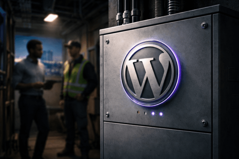 A photorealistic medium-wide cinematic shot, camera positioned approximately 1–2 meters from the subject, capturing a refined real-world hero object: a 3D isometric WordPress logo realized as a solid brushed-steel and matte-enamel emblem plaque (official WordPress mark) securely affixed to the front of a weathered industrial gray electrical distribution box, logo clearly readable and physically integrated as a metal badge on the box. The object integrates subtle electric-purple accents (#7B63FF) as restrained status LEDs and a thin recessed halo around the badge indicating intelligence/activity, without excessive glow or floating effects. Set in a modern Tech‑Noir service environment — a rooftop plant room / building service corridor with concrete walls, conduit, cable trays and a distant city glow visible through a rooftop vent — with natural human presence: two diverse professionals (business-casual engineer and technician) positioned in the background, candid and slightly out of focus, secondary to the box. Lighting is low-key and practical (small task lamp, equipment status lights, ambient city/neon spill), complemented by a soft integrated white spotlight from above at a 30–45° side angle gently revealing the badge’s texture, metal edges and the matte paint of the box. Cinematic photographic realism: 35mm/50mm look, medium-wide framing, f/2.8–f/4 shallow-to-medium depth of field, natural filmic bokeh, accurate material reflections, subtle surface wear, premium materials, ultra-detailed, photorealistic, 8K — no captions, no text overlays, no watermarks, no floating logos, brand logo placement realistic and restrained.