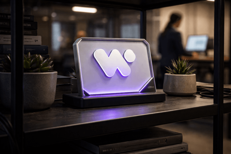 A photorealistic medium-wide cinematic shot, camera positioned approximately 1–2 meters from the subject, capturing a refined real-world hero object: a physical 3D isometric Workato official logo plaque (accurate official Workato logo) clearly readable and legible from this distance, rendered as a solid isometric emblem about 12–15 cm wide, fabricated with a frosted-glass face and brushed-aluminum beveled edge, mounted on a low-profile matte-black stand and placed naturally on a shelf; the logo is engraved/embossed into the plaque with inset edge-lighting in electric purple (#7B63FF) confined to thin seams and the base (subtle, no excessive glow, no floating or suspended elements). The object integrates subtle electric-purple accents indicating intelligence or activity without overpowering realism. Set in a modern tech-noir, lived-in environment: an open industrial-style metal shelving unit in a corporate operations office, framed between stacked technical books, a couple of ceramic pots with succulents, a small wired monitor and a leather notebook, with cables and realistic shelf wear (scuffs, soft fingerprints) for authenticity; a diverse, professional person is visible in the background or periphery, out of focus and candidly working at a standing desk to imply human scale and usage. Lighting is low-key and practical — warm desk-lamp and window ambient, complemented by a soft integrated white spotlight from above/side that gently sculpts the plaque, highlighting texture and metal grain while maintaining natural shadows; subtle rim light separates the object from the background. Camera: 35mm/50mm photographic look, medium-wide framing, natural shallow-to-medium depth of field (subject sharp, background bokeh), low ISO, filmic color curve. Color palette: neutral corporate tones (charcoal, slate, warm wood) with restrained electric purple accents (#7B63FF) and soft warm practical lights. Materials: photorealistic glass, brushed metal, matte plastics, ceramic. Style: cinematic photographic realism with subtle Tech-Noir influence, premium studio-grade detail, ultra-detailed textures, visible micro-scratches and realistic reflections, 8K. Constraints: no captions, no text overlays (other than the accurate Workato logo on the plaque), no watermarks, no floating logos, brand placement realistic on the shelf.