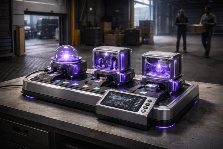 A photorealistic medium-wide cinematic shot, camera positioned approximately 1–2 meters from the subject, capturing a refined, physically plausible desktop/waist-high industrial sculpture that reads instantly as an "Agile development workflow" — a polished mixed-material assembly-line model: brushed aluminum frame, matte-black conveyor belt with small modular carriers carrying colored resin tiles, three distinct modular stations (discovery, development, QA) expressed as tactile machines with translucent acrylic panels and LED status indicators (no written labels), a compact control console with realistic touch screen and tactile buttons, and subtle embedded electric-purple LED veins (#7B63FF) inside translucent elements to suggest intelligence and activity, all materials showing realistic wear and fine manufacturing details, clearly readable within a realistic environment. The object integrates subtle electric-purple accents indicating intelligence or activity without overpowering realism. Set in a gritty yet controlled tech-noir loading dock environment — an industrial warehouse loading bay with metallic checkerplate floor, rolling dock door, stacked pallets and a parked delivery truck just outside, scattered toolboxes and a wheeled workbench — with natural human presence: two diverse professionals in the background (one checking a tablet, one carrying a crate), candid neutral expressions, subtly blurred to remain secondary. Lighting is low-key and practical: overhead industrial high-bay lights, warm tungsten spill from the open dock, cool LED accent strips on the sculpture, and a soft integrated white spotlight from above-left that sculpts form and surface texture; subtle purple rim light from embedded LEDs to reinforce tech-noir mood without neon saturation. Camera & framing: medium-wide cinematic composition, 35mm look, positioned 1.5 meters from the sculpture, eye-height ~1.2m, slight 5° tilt for dynamic isometric feel, shallow-to-medium depth of field (hero object tack-sharp, background gently bokeh), natural perspective, filmic contrast. Color palette: neutral industrial tones (brushed steel, matte black, concrete greys) with restrained accents of electric purple #7B63FF and cool cyan highlights; overall temperature balanced for a cinematic low-key look. Style & realism: photorealistic, high-detail, ultra-detailed materials and micro-surface textures, believable scale and human interaction, subtle tech-noir aesthetic (controlled neon accents, practical lights) without surreal elements. Render quality: 8K, cinematic realism, volumetric subtle atmospheric haze near the dock entrance, crisp reflections, realistic shadows and contact occlusion. Constraints: no text, no captions, no logos or watermarks, no floating or unrealistic lighting effects, no identifiable real persons, maintain professional/corporate-safe aesthetic.