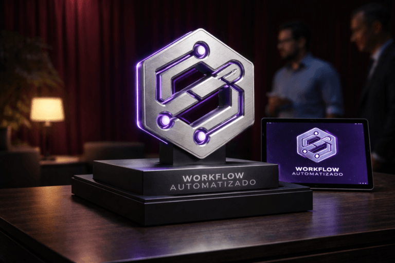 A photorealistic medium-wide cinematic shot, camera positioned approximately 1–2 meters from the subject, capturing a refined real-world hero object: a physical 3D isometric brand emblem of the "Workflow Automatizado" product — a solid brushed-aluminum isometric sculpture, precision-milled, mounted on a low matte-black pedestal with a subtle bevel; the official logo is realistically engraved and filled with a satin finish so it is clearly readable from 1–2 meters, and a nearby tablet on the pedestal shows the product UI with the same logo visible on the screen (realistic placement). The emblem integrates subtle electric-purple edge-lighting (Hex #7B63FF) as thin LED trims and micro-illuminated seams that indicate intelligence/activity without appearing to float or glow excessively. Set in an optimized real-world Tech‑Noir environment: an intimate corporate product-demo table inside a dim showroom/meeting space with a deep red velvet curtain backdrop (real fabric texture, soft gradient from deep crimson to maroon) arranged behind the pedestal to create a premium unveiling atmosphere. Natural human presence in the background/periphery: two diverse professionals in business-casual attire, candid and out of focus—one glancing at the tablet, one walking past—clearly secondary to the emblem. Lighting is low-key and practical: warm desk lamp on the table, soft illumination from the tablet screen, and a soft integrated white spotlight from above at a slight side angle gently revealing form, texture, and depth while preserving subtle shadows; electric-purple accents remain restrained. Cinematic photographic realism, 35mm medium-wide framing, shallow-to-medium depth of field, natural bokeh on background figures and fabric folds, premium materials (brushed metal, matte black, tempered glass), ultra-detailed surface textures, no text overlays or watermarks, photorealistic, 8K.
