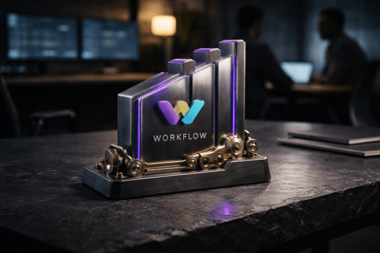 A photorealistic medium-wide cinematic shot, camera positioned approximately 1–2 meters from the subject, capturing a refined real-world hero object: a physical 3D isometric Workflow brand logo sculpture (official Workflow logo embossed and clearly visible, realistic sizing and proportions) placed on a natural black slate surface. The logo is realized as an isometric block-sculpture combining brushed dark titanium, polished matte glass inset, and warm brass mechanical details; integrated miniature interlocking gears at the base and four thin metallic fins rising as isometric Kanban column plates (tactile engravings and notches) convey stages, validations, integrations and triggers while remaining fully physical and legible from 1–2 meters. Subtle recessed edge lighting uses the primary accent electric purple (#7B63FF) to indicate intelligence/activity—soft, localized glow in seams only, no floating halo—balanced with restrained cyan fill reflections. Set in an optimized real-world Tech-Noir operations room: a minimalist corporate war-room with blurred monitoring screens, a laptop and a notebook at the table edge, and two diverse professionals in the background (candid posture, neutral expressions, unidentifiable) to provide human context without competing with the hero object. Lighting is low-key and practical: cool monitor light and a warm desk lamp in the background, complemented by a soft integrated white spotlight from above at a slight side angle that sculpts form and reveals micro-texture on metal, glass and slate. Color palette: charcoal, slate gray, warm brass, muted concrete tones, with restrained electric-purple accents. Camera and framing: 35mm cinematic look, medium-wide shot, centered composition with leading lines from the slate, natural shallow-to-medium depth of field and gentle bokeh on background monitors. Level of realism: photorealistic, premium materials, ultra-detailed microtextures (machining marks, glass edge refraction, slate grain), physically plausible scale and weight. Constraints: no captions or additional text overlays, no watermarks, no excessive glow, logo placement realistic on the surface, human faces not identifiable, commercial-safe rendering, ultra-detailed, 8K.