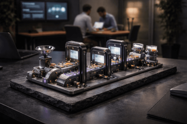 A photorealistic medium-wide cinematic shot, camera positioned approximately 1–2 meters from the subject, capturing a refined real-world hero object: a handcrafted tabletop 3D-isometric sculpture that physically represents a "Marketing Workflow" production line — approx. 40 cm wide on a natural black slate base. The sculpture consists of miniature polished-aluminum conveyor segments, matte-black acrylic "quality gate" arches with small mechanical toggles, frosted-glass miniature screens with abstract, non-legible pictograms, stacked resin token modules (no legible text), tiny status LEDs and mechanical counters, brass rivets and fine CNC-milled details — all materials tactile and realistic, scale and detail readable from 1–2 meters. The object integrates subtle electric-purple accents (#7B63FF) as thin LED strips and indicator lights to suggest intelligence/activity without overpowering realism. Set in a modern Tech‑Noir corporate studio: the slate sculpture sits on a dark slate tabletop in a low-lit innovation room with a glass-walled meeting area, blurred wall monitors showing abstract dashboards (out of focus), a warm desk lamp and a laptop screen as practical light sources, and two diverse professionals in business-casual clothing in the background reviewing a tablet (natural, candid, secondary, faces non-identifiable). Lighting is low-key and practical, complemented by a soft integrated white spotlight from above and a subtle side rim light that sculpts metal and acrylic surfaces, creating deep but controlled shadows and a restrained purple rim accent. Visual style: cinematic photographic realism with subtle Tech‑Noir influence, neutral corporate tones (charcoal, slate, brushed aluminum, warm wood) with restrained neon accents, ultra-detailed material texture (brushed metal, matte acrylic, frosted glass, stone). Camera: medium-wide composition, 35mm photographic look, shallow-to-medium depth of field (subject sharp, background gently blurred), precise framing that emphasizes hierarchical composition and readability. Render: photorealistic, ultra-detailed, 8K. Constraints: no captions, no legible text, no logos, no watermarks, realistic human presence only, natural shadows and reflections.