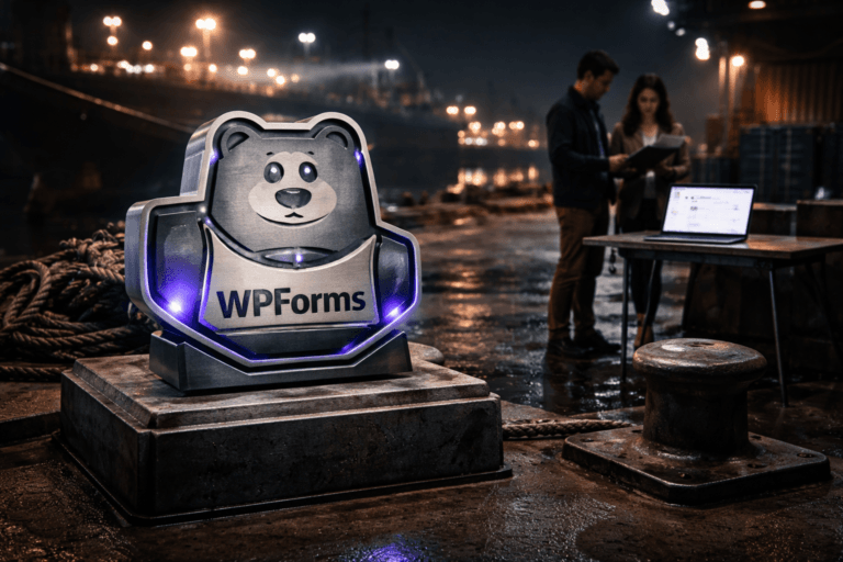 A photorealistic medium-wide cinematic shot, camera positioned approximately 1–2 meters from the subject, capturing a refined real-world hero object: a physical 3D isometric WPForms logo sculpture (official WPForms mark embossed and clearly readable) crafted from brushed aluminum and matte black polymer, mounted on a rugged industrial pedestal beside a large steel mooring bollard on a wet concrete quay; the sculpture includes integrated, restrained electric-purple LED inlays (#7B63FF) along the isometric edges to suggest intelligence/activity without appearing to float or glow unnaturally. The object integrates subtle electric-purple accents indicating intelligence or activity without overpowering realism. Set in a nighttime industrial port quay (tech-noir harbor environment) with mooring bollards, coiled ropes, stacked cargo crates, puddled concrete reflecting lights, and a nearby low-profile folding table with a laptop showing a realistic WPForms dashboard (logo visible on the device screen) — all elements physically plausible and lived-in. Natural human presence: two anonymous, diverse professionals in casual-professional attire in the mid-ground, candid postures and neutral expressions, secondary to the logo, checking the laptop and clipboard. Lighting is low-key and practical — ship floodlights and overhead dock lamps, tablet/laptop glow, warm amber practical lights, complemented by a soft integrated white spotlight from above-right gently revealing form, texture, and depth; wet surfaces and metal show accurate specular reflections with subtle purple highlights. Camera and framing: 35mm photographic look, medium-wide frame, shallow-to-medium depth of field, primary focus on the logo sculpture with natural background bokeh, camera at ~1.5 meters for a tactile, human-scale perspective. Color palette: neutral corporate tones (charcoal, steel gray, weathered concrete), warm amber practical lights, restrained electric-purple accent #7B63FF. Style: cinematic photographic realism with subtle Tech-Noir influence, premium materials, realistic weathering, ultra-detailed textures, photorealistic reflections, film-grain-free, 8K. Constraints: no captions, no text overlays, no watermarks, no floating or exaggerated glowing logos — logo must be physically integrated into sculpture and devices only; no identifiable real individuals. Cinematic realism, natural depth of field, premium materials, ultra-detailed, 8K.