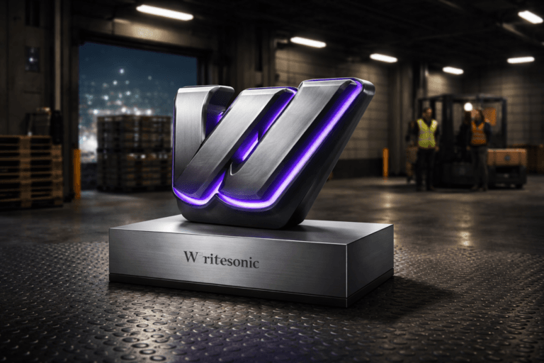 A photorealistic medium-wide cinematic shot, camera positioned approximately 1–2 meters from the subject, capturing a refined, physically plausible 3D isometric sculpture of the official Writesonic logo mounted as a high-end metal plaque on a low brushed-aluminum pedestal (logo rendered with layered machined acrylic and metal, isometric orientation, official logo geometry clearly readable and correctly placed, subtle recessed brand mark), including realistic placement and scale so the logo reads from 1–2 meters. The sculpture shows restrained electric purple #7B63FF edge-rim lighting and thin backlit channels that indicate activity, but no excessive glow; materials are premium brushed steel, matte black anodized aluminum and frosted acrylic with fine machining details. Set in an industrial loading dock with a diamond-plate metal floor (doca de carregamento) — visible pallet stacks, a parked forklift, rolling dock door slightly ajar revealing a cold city night, and practical fixtures (overhead LED strips, work lamp on the forklift, small wall-mounted status panel). Human presence is natural and secondary: two diverse dock workers in the mid-background, wearing realistic safety vests and neutral expressions, candid posture, slightly out of focus to maintain hierarchy. Lighting is low-key and cinematic: practical warm overhead LEDs and a soft integrated white spotlight from above/side gently revealing the sculpture’s form and textures; subtle cool fill from the ajar door and restrained purple accents on the sculpture and a thin neon reflection on nearby metal. Color palette: neutral corporate tones (steel gray, charcoal, industrial beige) with restrained electric-purple accents and cold night blues. Camera: medium-wide composition with a 35mm / 50mm photographic look, shallow-to-medium depth of field, crisp foreground detail on the logo, soft bokeh background, cinematic framing with the sculpture centered-left of frame, leading lines from floor pattern. Style: photorealistic Tech‑Noir infused but believable, ultra-detailed surfaces, realistic wear on industrial elements, no floating or dominating logos, no added text overlays or watermarks, no cartoonish effects, 8K quality, premium materials and ultra-detailed finish.