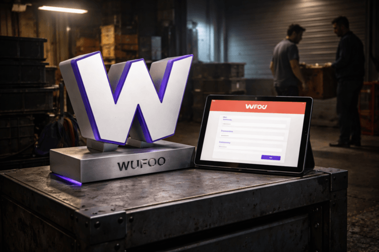 A photorealistic medium-wide cinematic shot, camera positioned approximately 1–2 meters from the subject, capturing a physical 3D isometric Wufoo logo sculpture (solid anodized aluminum, matte white finish with a thin recessed electric purple #7B63FF inlay) mounted on a low industrial metal plinth, accompanied by a propped tablet on the plinth displaying a realistic Wufoo form interface with the official Wufoo logo visible on-screen — both logo instances are clearly readable and realistically placed (etched on the sculpture base and displayed on the tablet bezel), integrating subtle electric-purple LED accents that indicate activity without overpowering the scene. Set in a lived-in loading dock environment with diamond-plate metal flooring, stacked wooden and plastic crates, pallet jack and industrial shelving, a partially open roll-up door and soft exterior fog; the space reads authentic and operational while maintaining a controlled Tech‑Noir mood. Human presence is natural and secondary: two diverse warehouse operators in the midground (one checking the tablet, one moving a crate), candid posture, neutral expressions, clothing work-appropriate and non-branded. Lighting is low-key and practical — overhead industrial fixtures, a warm task lamp near the plinth, and a soft integrated white spotlight from above/side that gently sculpts form and texture; restrained neon rim light in electric purple for accents only. Camera: 35mm cinematic look, medium-wide framing, slight low angle, aperture ~f/2.8 for shallow-to-medium depth of field with crisp focus on the sculpture and tablet and tasteful bokeh on background crates. Materials and texture: ultra-detailed brushed metal, matte anodized paint, tempered glass tablet screen with subtle reflections and fingerprints, worn diamond-plate floor, traces of dust and scuff marks for realism. Color palette: neutral corporate tones (steel gray, charcoal, warm browns) with restrained electric purple #7B63FF accents and muted cyan highlights. Constraints: no captions, no text overlays, no watermarks, no floating or exaggerated glowing logos, realistic scale and weight, logo placement should feel physically mounted or displayed. Cinematic realism, natural depth of field, premium materials, ultra-detailed, 8K.