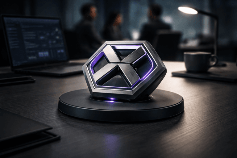 A photorealistic medium-wide cinematic shot, camera positioned approximately 1–2 meters from the subject, capturing a physical 3D isometric emblem of the fictional XaaS brand — a machined brushed-aluminum badge with matte-black recessed faces, precise isometric geometry, layered depth and micro-engraved detail, mounted and flush-inlaid on a real black circular wireless charging base (soft-touch matte finish, realistic scale) so the logo reads clearly from 1–2 meters. The emblem includes a restrained inlaid electric purple accent ring (Hex #7B63FF) and micro-LEDs that pulse subtly to indicate intelligence without glowing unnaturally. The object integrates subtle electric-purple accents indicating intelligence or activity without overpowering realism. Set in a modern Tech-Noir corporate operations desk: low-lit war-room / product-ops workspace with a clean executive desk, a laptop with a dim dashboard UI, a slim desk lamp, a ceramic coffee cup, and two or three diverse professionals in the background (candid, neutral expressions, slightly out of focus), suggesting human scale and purpose. Lighting is low-key and practical — soft monitor glows and the desk lamp create localized highlights, complemented by a soft integrated white spotlight from above/side that gently sculpts form and texture on the metal and charging pad. Cinematic photographic realism with subtle Tech-Noir influence, neutral corporate palette (charcoal, graphite, warm metal) with restrained neon accents in electric purple, natural shallow-to-medium depth of field, 35mm/50mm photographic look, medium-wide framing, premium materials, ultra-detailed surface textures (metal grain, micro-scratches, matte rubber), photorealistic, 8K. Constraints: no captions, no text overlays, no watermarks, logo must be physically integrated (no floating or detached logo), no other brand logos visible, realistic proportions and reflections, hyper-real finish suitable for marketing use.