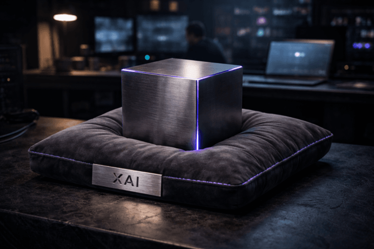 A photorealistic medium-wide cinematic shot, camera positioned approximately 1–2 meters from the subject, capturing a dense, solid tungsten cube (real-world metal, brushed finish, subtle micro-scratches, cold high-density reflectivity) partially sunk into and compressing a plush premium velvet cushion (deep charcoal gray) — the cube is the clear focal object and fully readable at 1–2 meters; a small brushed-steel plaque with the xAI logo is realistically mounted at the cushion base (etched, non-glowing, proportionate, not dominant). The object integrates subtle electric-purple accents (#7B63FF) as restrained rim-lighting along cube edges and faint stitching illumination on the cushion to indicate intelligence/activity without overpowering realism. Set in a lived-in, high-end Tech-Noir communications war-room staged over a natural black slate tabletop with fine texture and edge detail; background contains out-of-focus, diverse communications operators and a distant laptop showing a muted Grok/xAI interface (no legible text), multiple monitors with soft dashboard glows, and practical fixtures (desk lamp, rack LEDs) to establish context. Lighting is low-key and practical, complemented by a soft integrated white spotlight from above and a warm side fill to reveal form, texture, and depth; cinematic photographic realism, natural shallow-to-medium depth of field (35mm/50mm look, f/2.8–f/4), medium-wide framing, camera height slightly below object center for authoritative perspective, subtle vignette. Materials and microdetail ultra-detailed: visible fiber displacement and pile compression in the cushion, realistic micro-indentation from tungsten weight, accurate specular highlights on metal, fine dust particles in shallow crevices, and crisp contact shadows on slate. Color palette: neutral corporate tones with restrained neon accents in electric purple; overall Tech-Noir mood with premium, tactile surfaces. Photorealistic render, ultra-detailed, 8K. Constraints: no captions, no text overlays, no watermarks; xAI logo only as physically plausible etching on the plaque and as a small, non-dominant element on a distant screen; logos must not float, glow excessively, or dominate the composition.