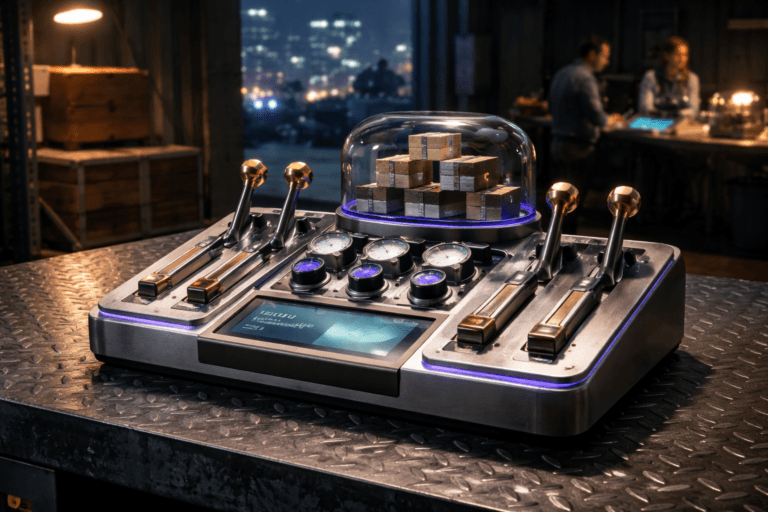 A photorealistic medium-wide cinematic shot, camera positioned approximately 1–2 meters from the subject, capturing a refined real-world hero object: a tactile "Yield Management" control sculpture — a physically plausible 40 cm tabletop console that reads as a 3D-isometric-inspired device (not abstract) with weighted metal levers, sliding rails with tactile stops, precision rotary dials, small analog meters, a cluster of stacked inventory cuboids under a tempered-glass dome, and a touchscreen status pad inset into the base; materials are brushed aluminum, matte anodized panels, rubberized knobs and polished brass lever heads so the object is instantly recognizable and readable at 1–2 meters. The object integrates subtle electric-purple accents (#7B63FF) as thin LED indicator strips and soft dial halos to indicate intelligence/activity, used sparingly so realism is preserved. Set in a believable Tech‑Noir industrial loading dock: diamond‑plate metal flooring (checker pattern), pallet racks, wooden crates and a pallet jack, a partially open rolling door with a night city skyline and distant neon glow, and a planning table with two professionals (diverse Product Manager and Data Analyst) in the background, candid and secondary. Lighting is low‑key and practical — overhead industrial lamps, a warm practical desk lamp, soft green-blue glow from the tablet, and a restrained soft integrated white spotlight from above and slightly to the side that sculpts form and surface texture; electric‑purple LEDs provide subtle accent rim light. Cinematic photographic realism, 35mm look, medium‑wide framing, shallow-to-medium depth of field with the console sharply in focus and background softly defocused, natural filmic grain, ultra-detailed surface microstructure, realistic reflections and soft specular highlights, premium materials, no text, no captions, no watermarks, no floating logos, photorealistic, 8K.