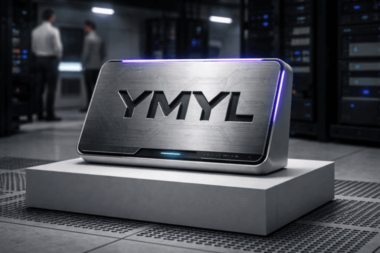 A photorealistic medium-wide cinematic shot, camera positioned approximately 1–2 meters from the subject, capturing a refined, physically plausible 3D isometric emblem of the YMYL brand — a 25–30 cm wide brushed anodized aluminum isometric plaque mounted on a low matte-white pedestal, the official YMYL logo embossed and inset in polished charcoal metal, detailed with subtle engraved circuit-pattern etching and a recessed OLED status strip; the logo is clearly readable and naturally integrated into the object (no floating or exaggerated glow). The object integrates subtle electric-purple accents (#7B63FF) as a thin rim light along the plaque edge and a delicate status LED strip to indicate activity, used sparingly so realism is preserved. Set in a modern Tech‑Noir technical room: white raised access floor with perforated cooling tiles, visible perforation pattern under and around the pedestal, partial edges of server racks and a maintenance console in soft focus, cables neatly routed beneath the tiles. Natural human presence in the background or periphery: two diverse technicians in neutral professional attire, candid posture, faces slightly blurred by depth of field so they remain secondary. Lighting is low‑key and practical — muted overhead industrial fixtures, cool monitor and server LEDs, and a soft integrated white spotlight from above and slightly to the side that gently sculpts the plaque, producing realistic reflections and soft shadows; subtle purple rim backlight for tech-noir accent. Color palette: neutral corporate tones (matte white, charcoal, brushed metal) with restrained electric purple highlights. Camera and framing: medium-wide cinematic composition, slight low angle, 35mm photographic look, natural shallow-to-medium depth of field with sharp focus on the emblem and soft bokeh background. Materials and texture: ultra-detailed metal grain, precise machining marks, soft matte pedestal finish, realistic floor perforations with subtle dust and wear. Photorealistic, premium materials, ultra-detailed, 8K. Constraints: no captions, no text overlays, no watermarks.