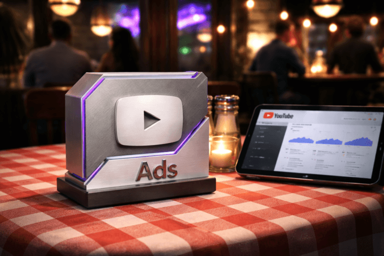 A photorealistic medium-wide cinematic shot, camera positioned approximately 1–2 meters from the subject, capturing a refined physical 3D isometric YouTube Ads desk sculpture (primary subject) — a small (12–15 cm) premium tabletop object with the official YouTube play icon subtly embossed on its front face and "Ads" mark integrated realistically as part of the plaque, constructed from brushed aluminum and matte white acrylic with precise isometric facets; the sculpture sits naturally on a red-and-white checkered bistro tablecloth. The object integrates subtle electric-purple accents (#7B63FF) as thin LED filaments recessed into the isometric seams and a faint rim glow to indicate activity, restrained so the logo remains realistic and non-floating. A secondary device (tablet) lies angled beside the sculpture, screen visible and showing a realistic YouTube Ads performance dashboard UI where the official YouTube play icon appears in a realistic header — screen light provides a practical accent source but does not overpower the scene. Set in an optimized real-world Tech‑Noir bistro environment: evening, cozy urban restaurant with low ceilings, dark wood surfaces, chrome salt shaker, a small candle in a glass votive, and distant neon signage reflecting purple and soft amber onto surfaces. Natural human presence: two diverse patrons and a waiter in the background, candid and out of focus, giving scale and life without distracting from the hero object. Lighting is low-key and practical — warm candle and ambient neon, tablet screen glow, plus a soft integrated white spotlight from above and slightly to the side gently revealing form, texture, and depth of the sculpture and table objects; subtle specular highlights on metal and soft subsurface on acrylic. Visual style: cinematic photographic realism with a restrained Tech‑Noir influence, neutral corporate palette (charcoal, matte black, warm wood, soft ivory) with restrained neon accents and the primary electric purple #7B63FF. Camera and framing: medium-wide, 35mm/50mm photographic look, natural shallow-to-medium depth of field focusing on the sculpture and tablet (background bokeh), camera height ~eye-level to table. Materials and detail: ultra-detailed, visible microtexture on aluminum, realistic fabric weave on the checkered cloth, crisp reflections on tablet glass, soft grain for filmic realism. Level of realism: photorealistic, lifelike people, practical props, physically plausible object scale and placement. Constraints: include the official YouTube play icon and realistic placement on physical object and device; do not create floating logos or exaggerated glows; no captions, no text overlays, no watermarks; natural, brand-safe presentation. Cinematic realism, natural depth of field, premium materials, ultra-detailed, 8K.