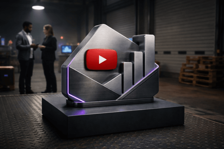 A photorealistic medium-wide cinematic shot, camera positioned approximately 1–2 meters from the subject, capturing a physical 3D isometric sculptural representation of the official YouTube Analytics logo clearly readable within a realistic environment: a 40–60 cm weighted isometric sculpture on a low matte-black industrial pedestal, crafted from brushed aluminum and satin-polished metal with a red enamel inset YouTube play icon (authentic logo treatment), a subtle analytics glyph integrated as shallow relief, tactile seams and micro-scratches for realism; the sculpture sits stably on the dock floor and is scaled to be legible at a 1–2 m viewing distance. The object integrates subtle electric-purple accents (#7B63FF) as thin LED edge inlays and a faint rim glow indicating activity, applied sparingly so as not to overpower the material realism. Set in an industrial loading dock (doca de carregamento) with a diamond-plate metal floor, large rolling bay doors, stacked wooden pallets and a soft industrial haze — optimized Tech-Noir environment with lived-in detail, practical equipment, and contextual props (a nearby tablet kiosk and a small monitor showing unlabeled abstract charts/graphs only, no readable text). Include two realistic professionals in the background/periphery (diverse, business-casual, neutral expression), slightly out of focus and engaged in a candid discussion by the tablet — humans are secondary to the sculpture. Lighting is low-key and practical: an overhead industrial pendant lamp providing a soft integrated white spotlight from above/side to reveal form and texture, supplemented by practical screen light and subtle purple LED rim lighting; controlled specular highlights on metal surfaces, soft shadows, no harsh lens flares. Visual style: cinematic photographic realism with a subtle Tech-Noir influence, neutral corporate tones (charcoal, graphite, matte black, brushed steel) with restrained neon accents (electric purple #7B63FF and a touch of YouTube red), natural shallow-to-medium depth of field, filmic color grading, premium materials, ultra-detailed surface textures, and believable reflections. Camera and framing: medium-wide composition, 35mm photographic look, camera at approximately chest height, subject slightly off-center (rule of thirds) with leading lines from the dock floor drawing the eye to the sculpture; DOF set to keep the sculpture razor-sharp while background remains softly contextual. Level of realism: photorealistic, true-to-world scale and physics, no surreal elements. Constraints: include the official YouTube play emblem realistically embedded in the sculpture (no floating or floating-glow logos), displays may show abstract visualizations but must contain no legible text, no captions, no text overlays, no watermarks, no brand floating elements, no exaggerated glow. Cinematic realism, natural depth of field, premium materials, ultra-detailed, 8K.