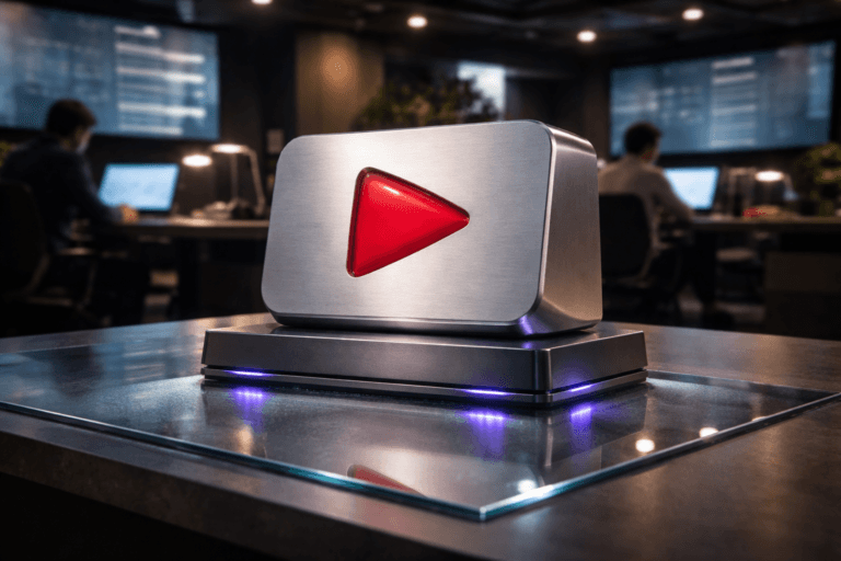 A photorealistic medium-wide cinematic shot, camera positioned approximately 1–2 meters from the subject, capturing a refined real-world hero object: an official YouTube play-button logo rendered as a physical 3D isometric sculpture — a solid, tactile object about the size of a designer desktop trophy (~30 cm), the classic YouTube red enamel play-triangle inset into a matte brushed-aluminum isometric block with crisp chamfers and precision seams, mounted on a low-profile graphite metal plinth. The sculpture sits on a thick tempered glass floor panel with recessed LED edge lighting; the glass shows accurate soft reflections and subtle refractions of the base. The object integrates subtle electric-purple (#7B63FF) accents as thin LED inlays along the base seams and a delicate rim light inside the plinth to indicate intelligence/activity without overpowering realism. Set in a believable Tech‑Noir martech operations room: a lived-in command center with shallow rows of desks, muted wall monitors showing blurred analytics dashboards (no legible text), a couple of diverse professionals in the background working on laptops with neutral expressions and candid postures, and practical equipment like task lamps and a coffee cup to convey scale and authenticity. Lighting is low-key and practical — ambient from monitors and LED edges, complemented by a soft integrated white spotlight from above and slightly to the side that gently sculpts form and reveals texture on the enamel and brushed metal; small specular highlights on the glass floor and metal edges. Composition: medium-wide, slight low-angle (10–15°) to give presence without exaggeration, 35mm photographic look, f/2.8 shallow-to-medium depth of field with the sculpture razor-sharp and background softly defocused, natural bokeh on peripheral lights. Color palette: neutral corporate tones (charcoal, slate, warm graphite, soft concrete) with restrained YouTube red and minimal electric-purple accents; subtle cool teal fill from monitors for balance. Style: cinematic photographic realism, premium materials, ultra-detailed textures (metal grain, enamel gloss, glass edge clarity, soft skin tones), accurate scale and physics, realistic human models (no identifiable individuals), no floating or unrealistic logo effects. Render as ultra-detailed, filmic 8K photorealism, natural grain-free finish, soft contrast, cinematic color grade. Constraints: no captions, no text overlays, no watermarks, no exaggerated glow or neon bloom, logo placement must be physically plausible (on sculpture/plinth) and clearly readable from the camera distance.