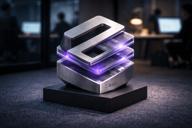 A photorealistic medium-wide cinematic shot, camera positioned approximately 1–2 meters from the subject, capturing a refined real-world hero object, including logo: a tabletop-sized physical 3D isometric sculptural brand emblem "Z‑Index" — polished brushed-aluminum main body with matte-black insets, subtle engraved official Z‑Index mark on a beveled face, composed of stacked translucent acrylic plates that represent UI layers (modal, dropdown, tooltip, header) physically layered and offset in a clear, readable arrangement; each plate edged with restrained electric purple #7B63FF rim-light to indicate active tokens, with tiny low‑relief interface details (non-legible icons only) integrated into the surfaces (no text overlays). The object rests on a low matte-black pedestal placed directly on a navy‑blue modular office carpet. The object integrates subtle electric‑purple accents indicating intelligence or activity without overpowering realism. Set in a modern Tech‑Noir corporate office corner: navy modular carpet floor, a low coffee‑table and glass partition in the midground, a blurred laptop screen and desk lamp providing practical highlights, and diverse professional people working candidly in the background and periphery (unidentifiable, secondary to the object). Lighting is low‑key and practical — warm desk lamp glow and cool monitor light as ambient sources, a soft integrated white spotlight from above at a slight side angle to reveal form and texture, and minimal electric‑purple rim illumination for accent; subtle specular highlights on metal and soft fiber detail on carpet. Cinematic photographic realism with neutral corporate tones (charcoal, slate, warm metal) and restrained neon accents, primary accent Electric Purple #7B63FF; medium‑wide framing with a 35mm photographic look, natural shallow‑to‑medium depth of field (focus on logo, smooth bokeh background), camera height ~1.2 m, f/4. Materials highly detailed (brushed aluminum, frosted acrylic, wool carpet fibers), premium finish, photoreal, ultra‑detailed, 8K. Constraints: no captions, no text overlays, no watermarks, logo placement realistic (engraved on object), no floating or excessively glowing logos, people non-identifiable. Cinematic realism, natural depth of field, premium materials, ultra-detailed, 8K.