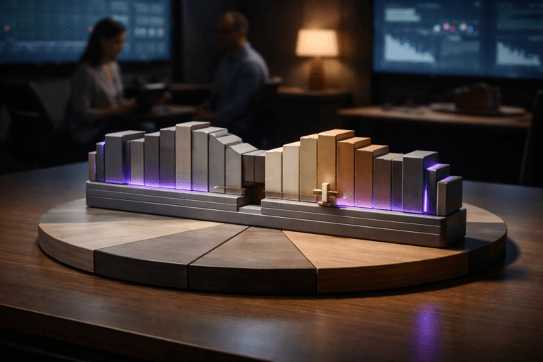 A photorealistic medium-wide cinematic shot, camera positioned approximately 1–2 meters from the subject, capturing a handcrafted isometric 3D-printed sculpture that physically personifies a Z-Score: a plausible 35 cm long × 12 cm tall "deviation ruler" composed of stacked isometric blocks in matte painted resin and brushed aluminum, central recessed zero plane, graduated raised ridges (no numeric labels) forming visually distinct segments to imply −3 to +3 deviations, a movable polished brass slider indicator, translucent segment inlays in muted greys and warm wood tones, thin embedded LED channels with restrained electric purple #7B63FF accents along the edges to indicate activity — all tactile, instantly readable from 1–2 meters and clearly the dominant focal point. The sculpture sits centered on a physical painted wooden pie chart (handcrafted wooden pie-slices painted in subdued corporate neutrals) on a large modern table in a lived-in analytics control room — a low-lit, Tech-Noir executive war-room with matte monitors and wall dashboards visible but softly out of focus, two diverse analysts in the background at the periphery (candid, professional, neutral expressions), one holding a tablet, subtle reflections on the table surface. Lighting is low-key and practical: a warm desk lamp and monitor glows create ambient fill, complemented by a soft integrated white spotlight from the side slightly above the sculpture to reveal texture, brushed metal highlights and resin translucency; subtle purple rim light signals intelligence without overpowering realism. Cinematic photographic realism with a subtle Tech-Noir influence, neutral corporate palette with restrained neon accents, camera: 35mm photographic look, medium-wide framing, camera ~1.5 m from subject, slight tabletop elevation (≈20°), f/2.8 for shallow-to-medium depth of field, natural bokeh, premium materials, ultra-detailed surface microtexture, photoreal 8K. Constraints: no visible text or numeric labels on the object, no captions, no text overlays, no logos, no watermarks, photoreal only.