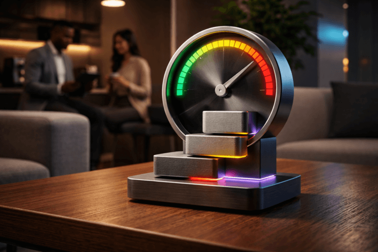 A photorealistic medium-wide cinematic shot, camera positioned approximately 1–2 meters from the subject, capturing a refined real-world hero object: a physical "risk meter" desktop sculpture inspired by the Z-Score de Altman — compact premium sculpture on a low walnut coffee table, polished brushed-aluminum circular analog gauge under tempered glass with a segmented LED ring (green → yellow → red) indicating risk bands, a precision brushed-aluminium needle, and three stacked matte-finished geometric blocks (distinct textures and recessed colored inlays instead of text) representing component metrics; the sculpture is a believable, tangible object (metal, glass, polymer) sized to be readable at 1–2 m and built as an executive desktop instrument. The object integrates subtle electric-purple accents (#7B63FF) as a thin edge light and soft internal backlight to signal intelligence/activity without overpowering realism. Set in a modern corporate break room corner — low coffee table, modular sofa, potted plant, countertop with espresso machine and a wall-mounted shelving unit — reinterpreted as a Tech‑Noir yet lived-in environment with neutral corporate tones and restrained neon accents. Natural human presence in the background or periphery: two diverse professionals in business-casual attire, candid posture, neutral expressions, one glancing at a tablet, slightly out of focus to keep the sculpture dominant. Lighting is low-key and practical: warm pendant lamp and ambient ceiling downlights, a cool screen glow from a tablet, complemented by a soft integrated white spotlight from above/side that sculpts form and reveals texture and depth on metal and glass. Cinematic photographic realism: medium-wide 35mm/50mm look, camera height slightly above table, shallow-to-medium depth of field (f/2.8–f/4), natural bokeh, accurate reflections, ultra-detailed materials (brushed metal grain, tempered glass edge, walnut wood grain, soft upholstery), filmic contrast, subtle film grain, high dynamic range. Color palette: neutral grays, warm walnut browns, muted charcoal, with restrained green/yellow/red on the gauge and electric purple #7B63FF accents. Render photorealistic, ultra-detailed, 8K. Constraints: no captions, no text, no logos or visible brand marks, no watermarks, no floating or exaggerated glowing elements.