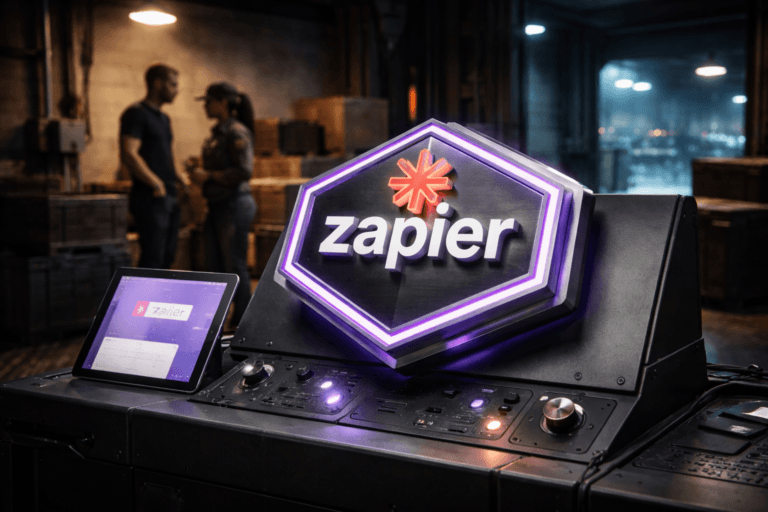 A photorealistic medium-wide cinematic shot, camera positioned approximately 1–2 meters from the subject, capturing a physical 3D isometric Zapier logo sculpture (official Zapier logo rendered as a solid acrylic and brushed-aluminum isometric emblem, approximately 25–35 cm wide) mounted securely on a matte-black industrial control console and paired with a tablet leaned against the console showing a muted Zapier dashboard where the logo is visible on the screen; the emblem is tactile, realistic and clearly readable from 1–2 meters. The object integrates subtle electric-purple accents (Electric Purple #7B63FF) as thin rim LEDs and soft UI glow indicating activity without overpowering realism. Set in a lived-in Tech-Noir industrial loading-dock environment: diamond-plate metal floor, stacked shipping crates, exposed conduit, pallets, and a partially open loading bay revealing a cool night-city rim light. Natural human presence: two diverse technicians in the background, candid and professional, slightly out of focus and secondary to the hero object. Lighting is low-key and practical — warm overhead industrial lamps, cool tablet and LED fills, and a soft integrated white spotlight from above-left gently revealing form, texture and depth; subtle neon reflections on metal surfaces. Cinematic photographic realism, 35mm cinematic look, medium-wide frame, shallow-to-medium depth of field, premium materials (acrylic, brushed metal, matte plastic), ultra-detailed surface microdetails, realistic reflections, soft dust and wear on the floor for authenticity. Color palette: neutral industrial tones with restrained electric-purple accents and a hint of teal rim-light. No text overlays, no captions, no watermarks. Photorealistic, ultra-detailed, 8K.