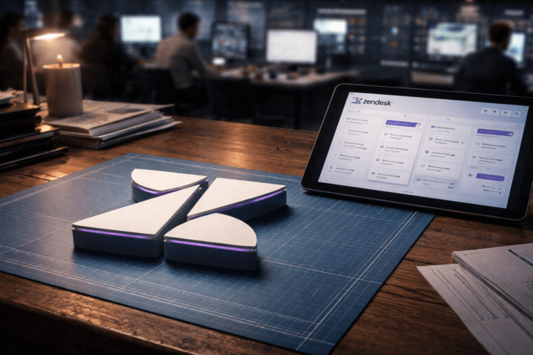 A photorealistic medium-wide cinematic shot, camera positioned approximately 1–2 meters from the subject, capturing a refined real-world hero object: a physical 3D isometric Zendesk emblem — a die-cut, matte-satin polymer model of the official Zendesk logo sitting flat on a blue millimeter-grid blueprint sheet stretched across a worn oak operations desk, with a nearby tablet screen (showing a realistic Zendesk-style dashboard UI with ticket cards and unobtrusive metric widgets) that also displays the official Zendesk logo in a realistic header. The emblem and tablet logo are clearly readable and integrated naturally into the scene, sized and placed realistically on the desk and device bezels, with no floating or excessive glow. The object integrates subtle electric-purple accents (#7B63FF) as thin inlay lines on the emblem edges and as restrained UI accent highlights, indicating activity without overpowering realism. Set in a busy Tech‑Noir operations control room at peak: shallow background depth shows diverse, professional agents at workstations, a wall of muted multi-monitor status displays, and scattered printed ticket printouts and a coffee cup — lived-in, cinematic, believable. Lighting is low-key and practical: cool ambient from overhead panels and monitor glow, warm practical desk lamp, complemented by a soft integrated white spotlight from above-side gently revealing form, texture, and depth; subtle purple rim light to emphasize intelligence cues only. Visual style: cinematic photographic realism with subtle Tech‑Noir influence, neutral corporate tones (charcoal, slate, warm wood) with restrained neon accents, ultra-detailed materials (polymer, paper fiber, glass screen glare, brushed metal). Camera/framing: medium-wide, 35mm/50mm photographic look, natural shallow-to-medium depth of field, filmic bokeh on background monitors, crisp focus on emblem and tablet. Composition: emblem centered in foreground third on blueprint, tablet angled beside it, human figures and monitors composing depth layers; clear subject hierarchy. Constraints: photorealistic, no text overlays or captions on image, no watermarks, no identifiable real individuals, logos placed realistically only (on emblem and device), avoid excessive glow or dominance of branding. Cinematic realism, natural depth of field, premium materials, ultra-detailed, 8K.