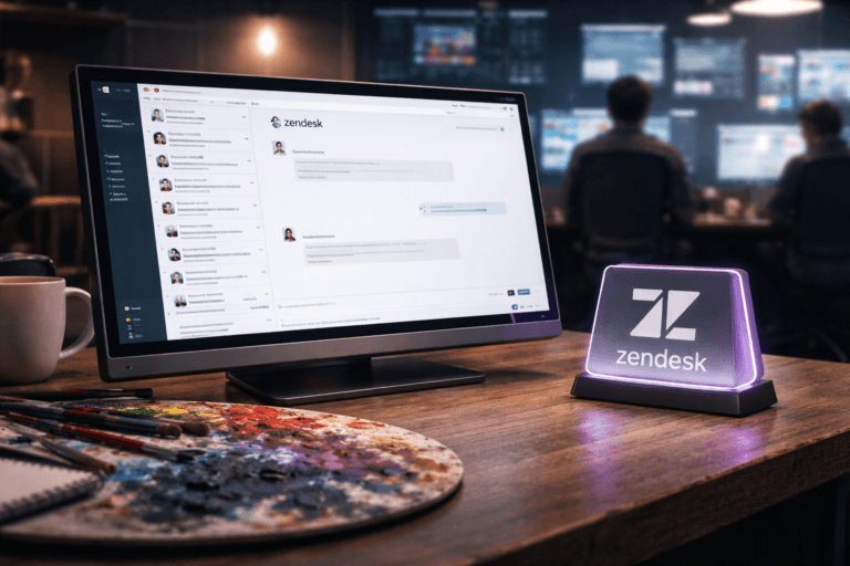 A photorealistic medium-wide cinematic shot, camera positioned approximately 1–2 meters from the subject, capturing a 27-inch matte touchscreen control monitor angled slightly toward the camera displaying the Zendesk Chat / Zendesk Messaging interface with the official Zendesk logo clearly visible and realistically placed in the UI, paired with a nearby isometric 3D plexiglass desk badge of the Zendesk Chat / Zendesk Messaging logo (solid, matt finish, physically plausible isometric sculpture) sitting on a worn oak desk beside an artist's oil-paint palette with colorful oil smears — both the on-screen logo and the physical badge are instantly readable at 1–2 meters and appear as real objects (no floating or excessive glow). The object integrates subtle electric-purple accents (#7B63FF) as small LED status indicators on the monitor bezel and a thin rim-light on the plexiglass badge to indicate activity, applied sparingly so realism remains dominant. Set in a busy customer-operations control room at peak hour reinterpreting the “artist palette” motif: low-key Tech‑Noir environment with multiple muted status panels and secondary monitors in the background, a few diverse professional agents in candid neutral-posture positions at consoles, ergonomic chairs, headsets, a coffee mug and notebooks visible in soft focus. Lighting is low-key and practical — cool monitor illumination, a warm filament desk lamp, and a soft integrated white spotlight from above/side gently revealing form, texture and depth; subtle purple rim-lighting limited to hardware accents only. Cinematic photographic realism, medium-wide composition, 35mm/50mm lens look, shallow-to-medium depth of field with natural bokeh on background displays, premium materials (matte aluminum monitor frame, textured oak desk, plexiglass badge, glossy oil paint), neutral corporate palette with restrained neon accents, ultra-detailed photoreal render, 8K. No captions, no text overlays, no watermarks.
