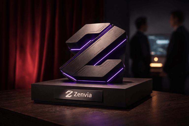 A photorealistic medium-wide cinematic shot, camera positioned approximately 1–2 meters from the subject, capturing a refined real-world hero object: a physical 3D isometric sculpture of the official Zenvia logo — crafted as a solid, brushed black anodized metal emblem set in isometric tilt, mounted on a low matte-black pedestal with a discreet polished-metal nameplate on the pedestal edge showing the official logo treatment in realistic scale (logo integrated into the object, not floating). The sculpture incorporates subtle, functional design elements that reference the platform (small engraved circuit-like grooves, a thin LED channel for status), with restrained electric-purple accents (accent LED trim and micro-edge rim lighting in Electric Purple #7B63FF) indicating intelligence/activity without overpowering realism. Set in an optimized real-world Tech‑Noir environment: a premium product-studio / executive showroom corner with a rich real red velvet drape backdrop (deep velour curtain) and a low-reflective dark wood surface under the pedestal, a dim control-dashboard monitor in the far periphery (soft glow, intentionally unreadable), and two blurred professional figures standing candidly in the background at the frame edge to suggest human-scale operation. Lighting is low-key and practical: a soft integrated white spotlight from above and slightly to the side gently revealing form, texture, and micro-details; complementary practical sources include the monitor glow and a warm tungsten desk lamp off-frame that produces subtle specular highlights on the metal, while the electric-purple LEDs provide restrained accent spill onto the pedestal. Cinematic photographic realism, natural shallow-to-medium depth of field, 35mm/50mm cinematic lens look, medium-wide composition with the isometric logo clearly readable from 1–2 meters, premium materials, ultra-detailed surface texture (brushed metal, velvet fibers, matte paint), soft filmic grain, photoreal render, 8K. Constraints: no captions, no text overlays, no watermarks, no floating or ethereal logos, no excessive glow; logo placement must be realistic and physically integrated.