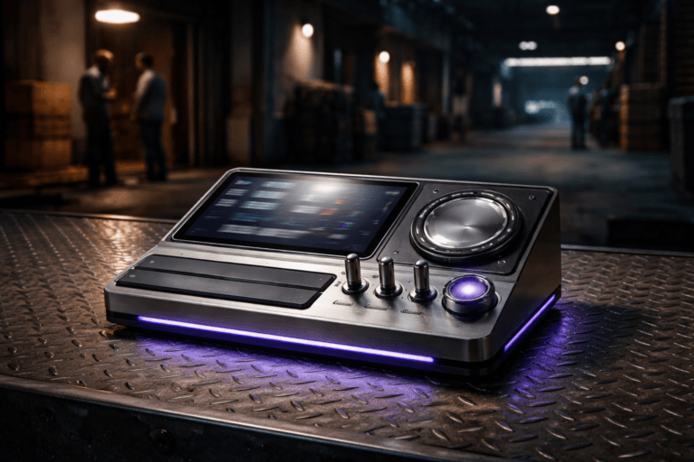 A photorealistic medium-wide cinematic shot, camera positioned approximately 1–2 meters from the subject, capturing a refined, real-world hero object: a tactile, physically plausible 3D dashboard sculpture (~40–60 cm wide) assembled as an isometric tabletop instrument — brushed aluminum base with stacked matte-plastic "search-card" plates, a shallow embedded capacitive touchscreen (displaying abstract blurred rows, no legible text), a mechanical analogue dial labeled only by position markers (no words), a cluster of metal toggle switches and a small magnifier-lens element as a sculptural motif. The object reads instantly as a control/dashboard instrument from 1–2 meters, made of premium materials (brushed metal, matte polymer, frosted glass), with subtle electric-purple #7B63FF LED rim-lighting and micro-LED indicators to suggest intelligence/activity without overpowering realism. Set in an industrial Tech-Noir loading-dock environment: a realistic shipping dock at dusk with diamond-plate (chapa xadrez) metallic flooring, low concrete walls, an overhead industrial pendant lamp and a dim LED strip along a loading bay—practical light sources only. Natural human presence: two diverse dock workers in the mid-background, candid neutral posture, slightly out of focus and secondary to the sculpture, and a distant technician checking a tablet near a pallet stack. Lighting is low-key and practical, dominated by warm tungsten from the pendant and cool ambient from the LED strip, complemented by a soft integrated white spotlight from above and a restrained electric-purple accent glow on the object edges to hint at activity. Composition: medium-wide, centered object with slight isometric angle, camera using a 35mm/50mm photographic look, shallow-to-medium depth of field, natural bokeh on background figures, strong subject hierarchy and clear negative space. Color palette: neutral corporate tones (graphite, steel, muted charcoal, slate) with restrained neon accents (electric purple #7B63FF, soft cyan), premium material textures, ultra-detailed surface wear and subtle specular highlights. Style: cinematic photographic realism with subtle Tech‑Noir influence, photoreal render, no surreal elements, physically plausible scale and shadowing. Constraints: no legible text or captions on surfaces, no floating logos, no watermarks, no text overlays. Cinematic realism, natural depth of field, premium materials, ultra-detailed, 8K.
